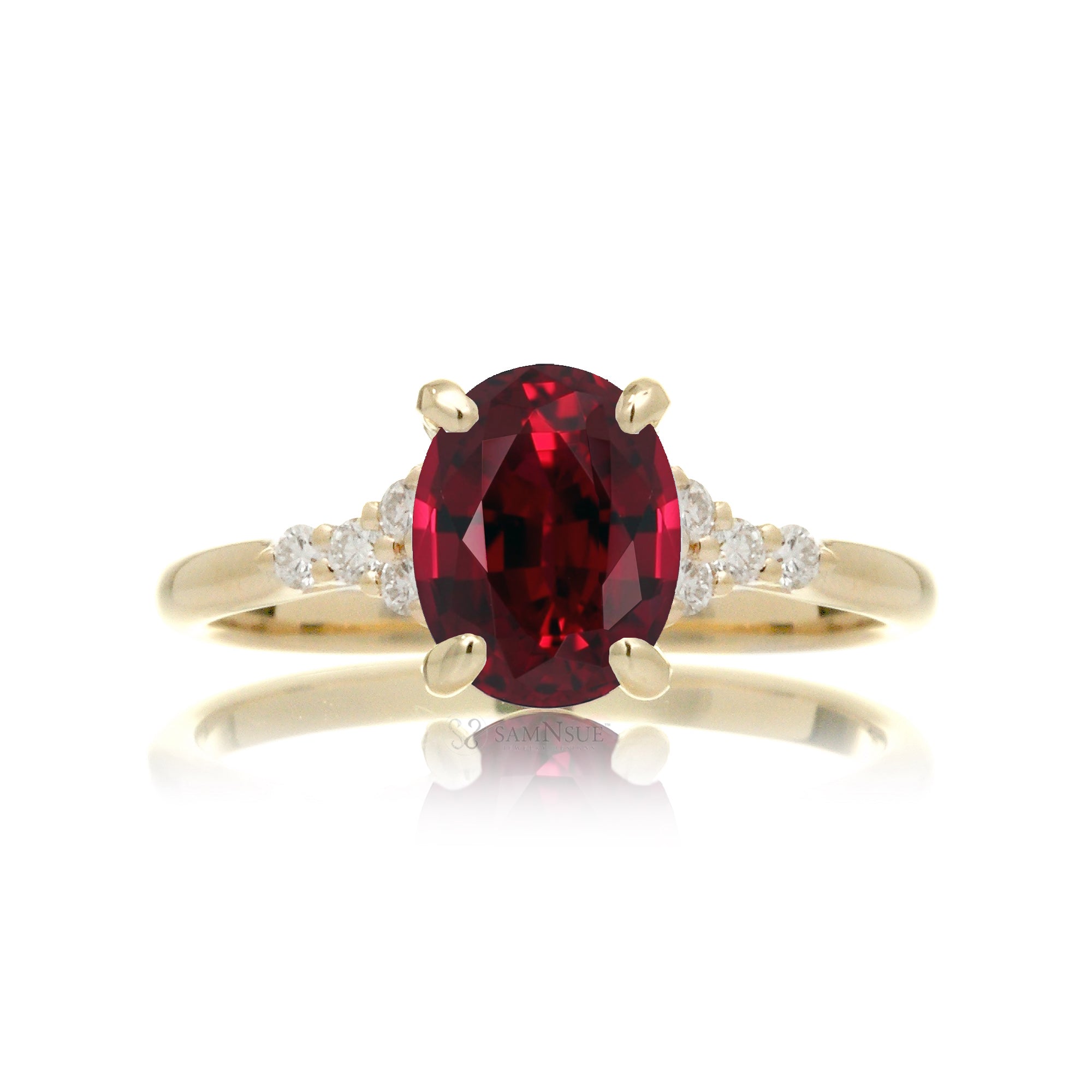 Oval ruby ring in yellow gold with side diamonds all natural - the Chloe ring