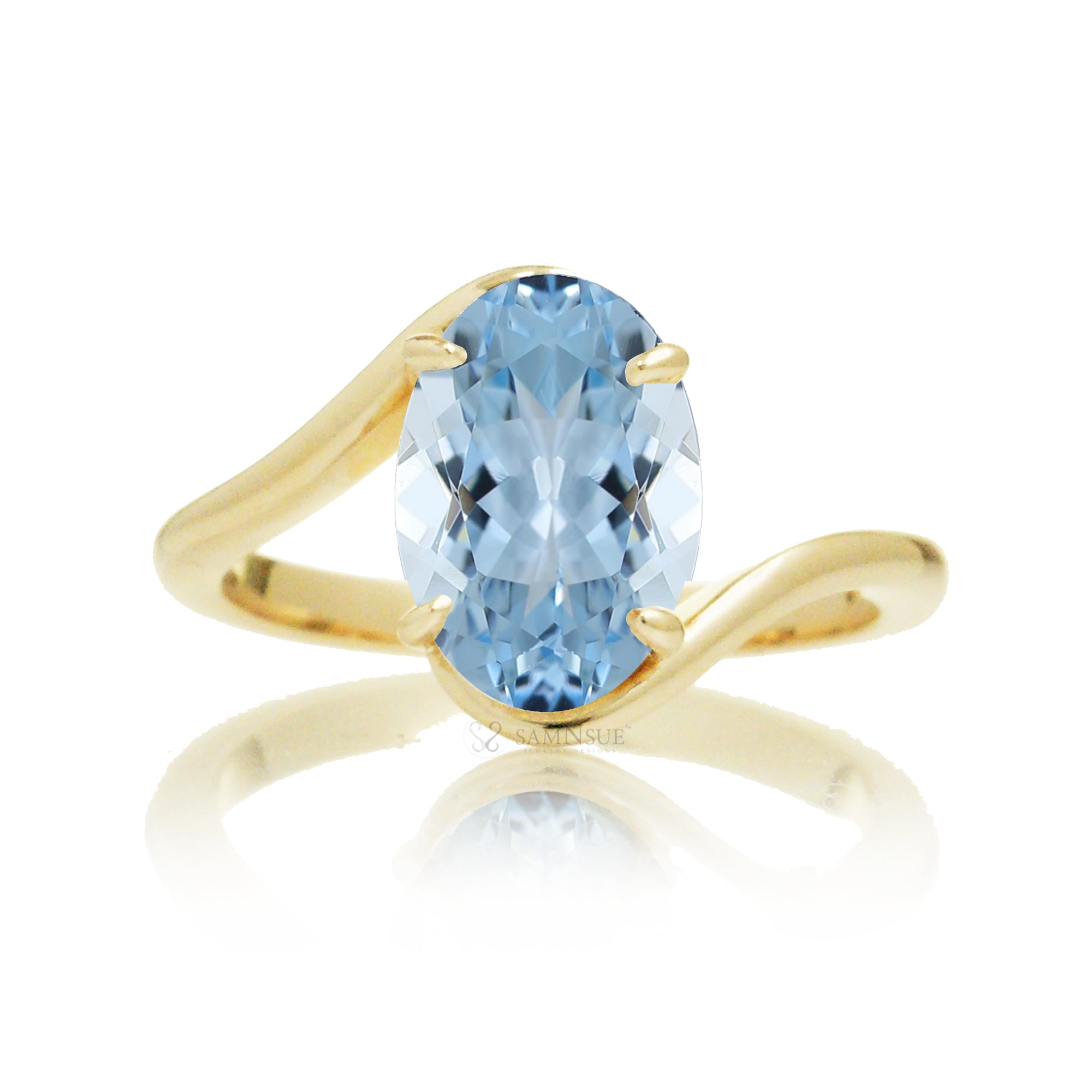 Oval cut aquamarine ring embraced wrap around yellow gold solitaire