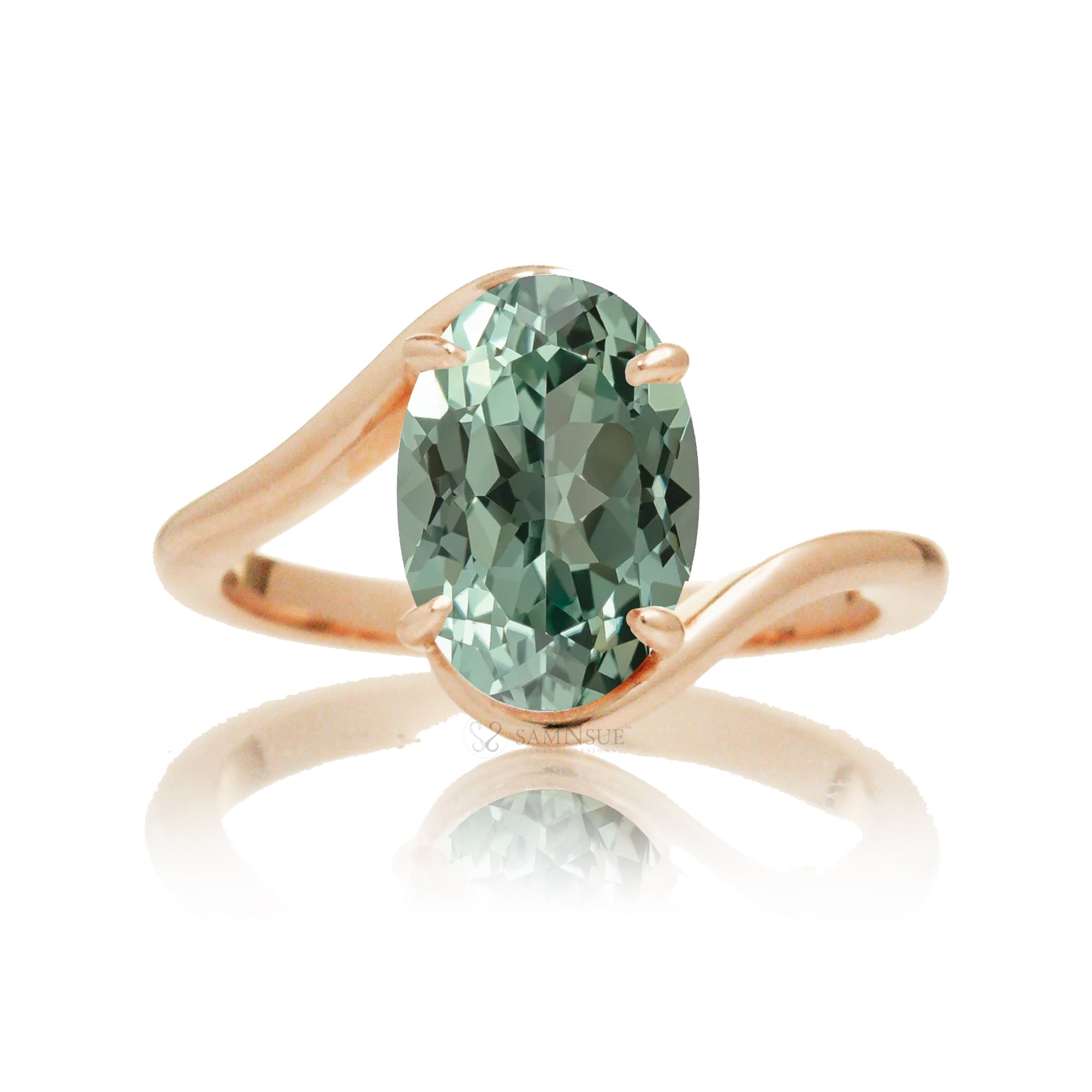 Romantic Green Sapphire and Diamond Ring in Rose Gold – Oval Cut Center