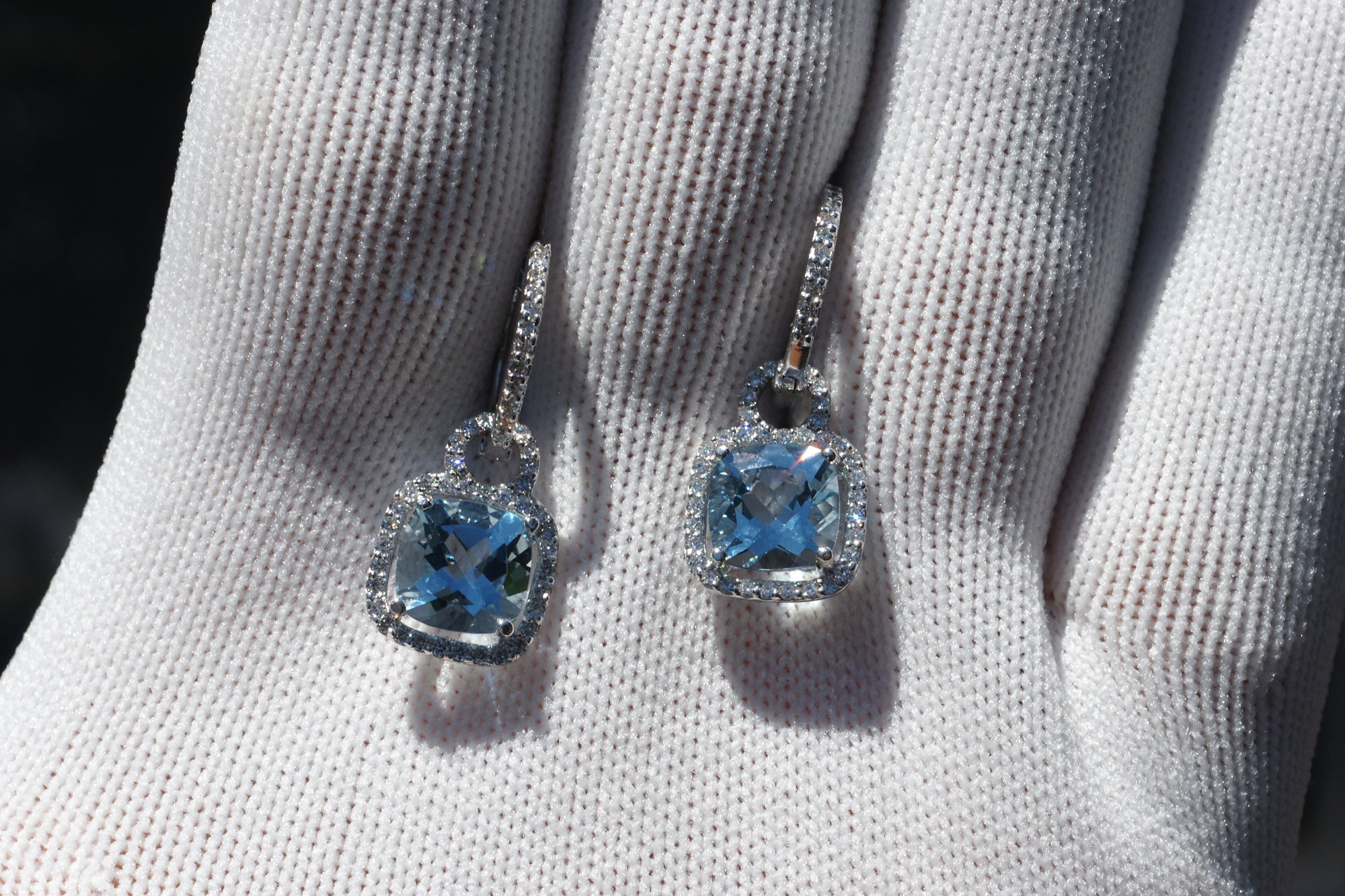 Cushion Aquamarine Diamond Halo Dangle Earrings