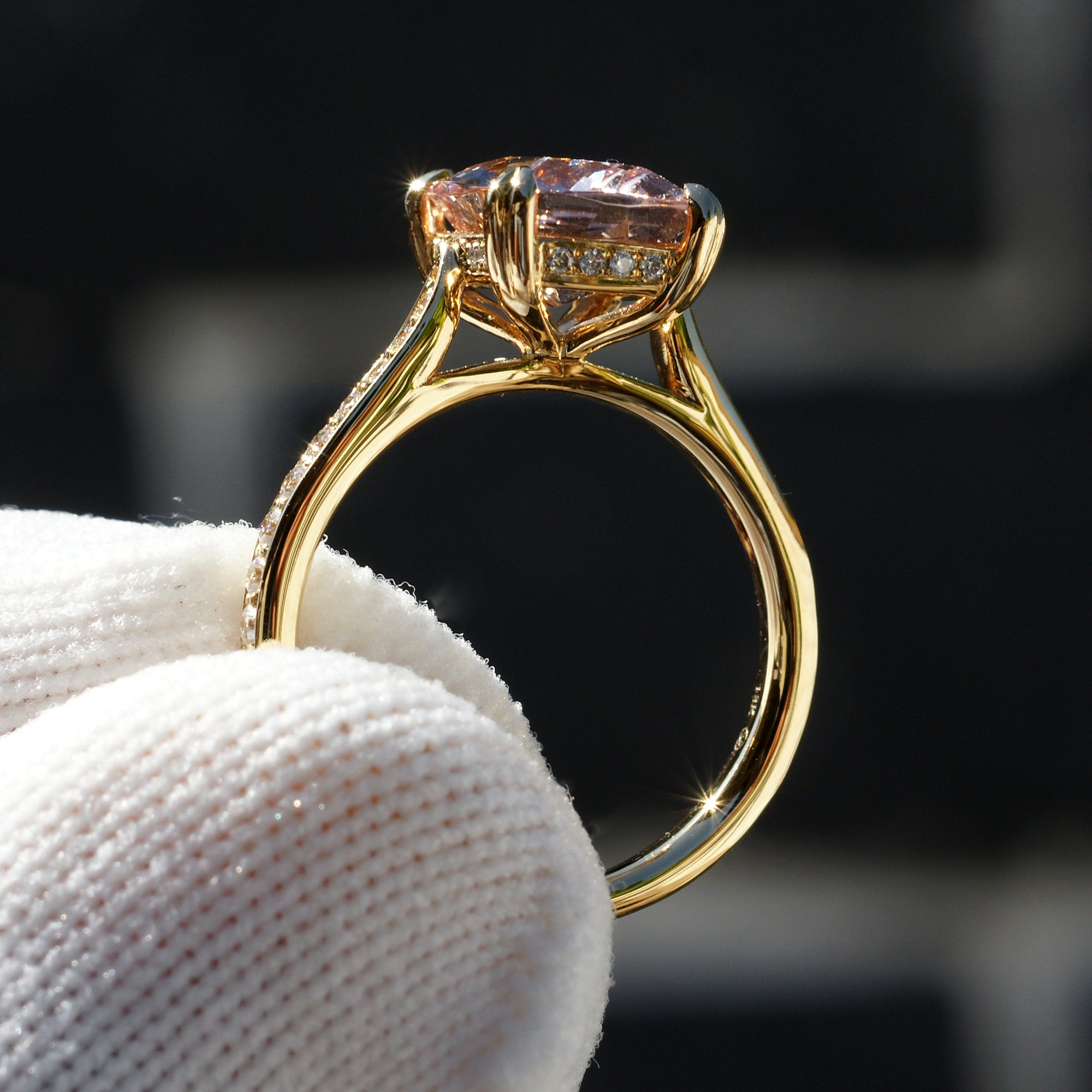 The Emily Cushion Morganite Ring 10x8mm 18k Yellow Gold