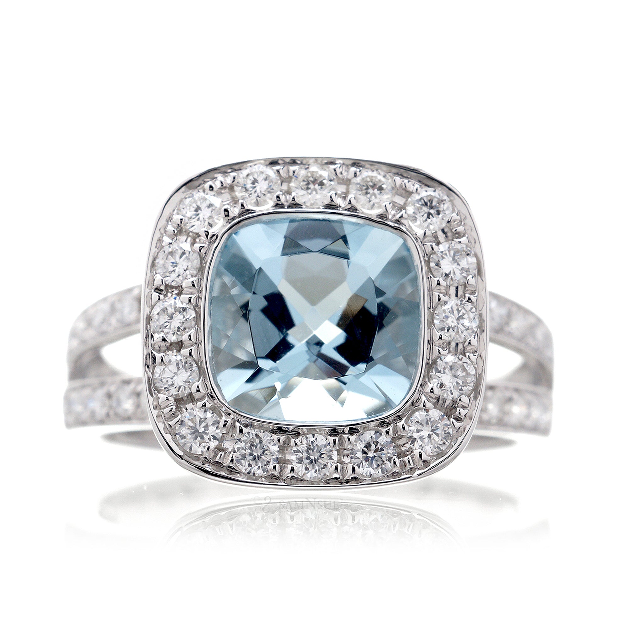 Cushion aquamarine bezel set diamond halo split band ring white gold - the Effie