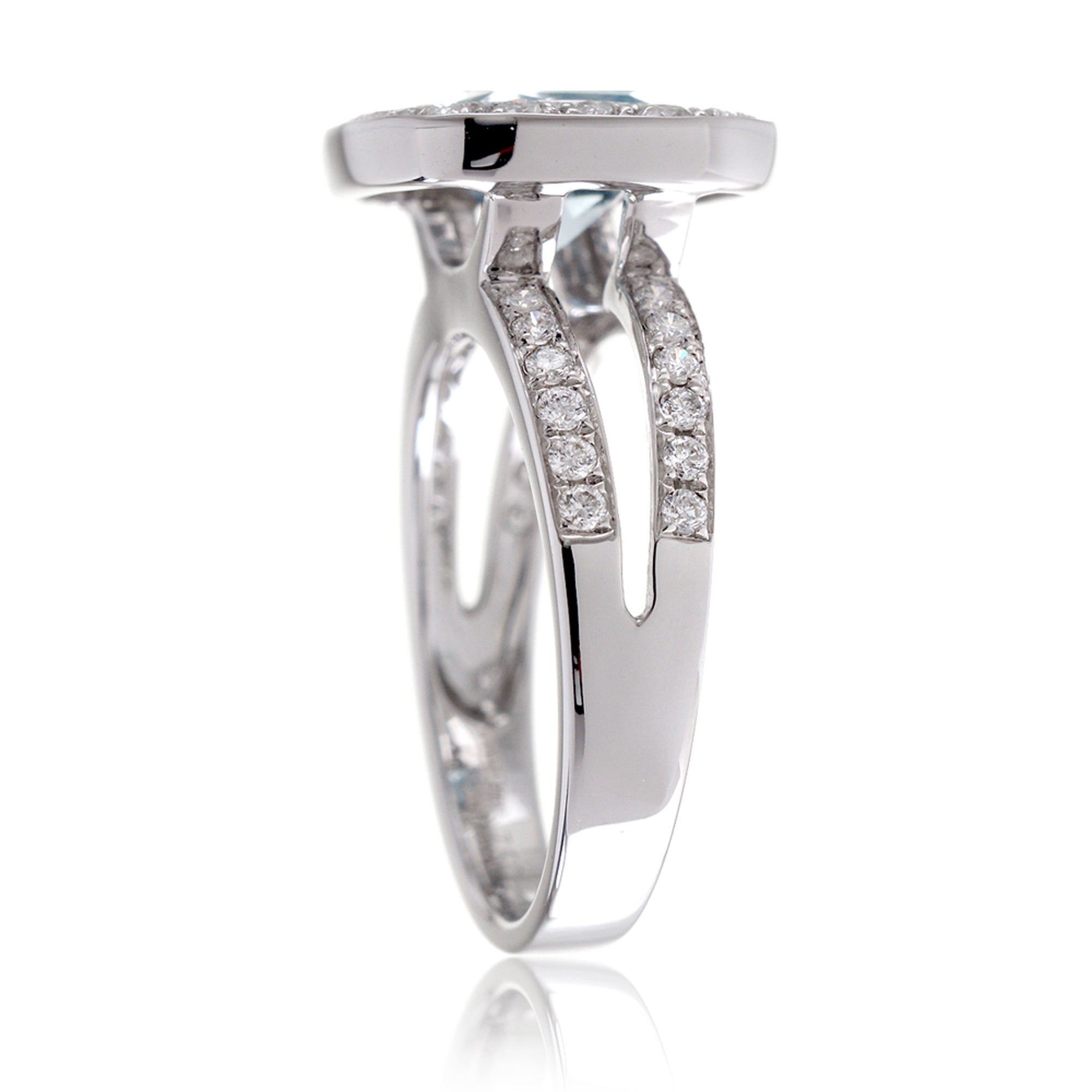 Cushion aquamarine bezel set diamond halo split band ring white gold - the Effie