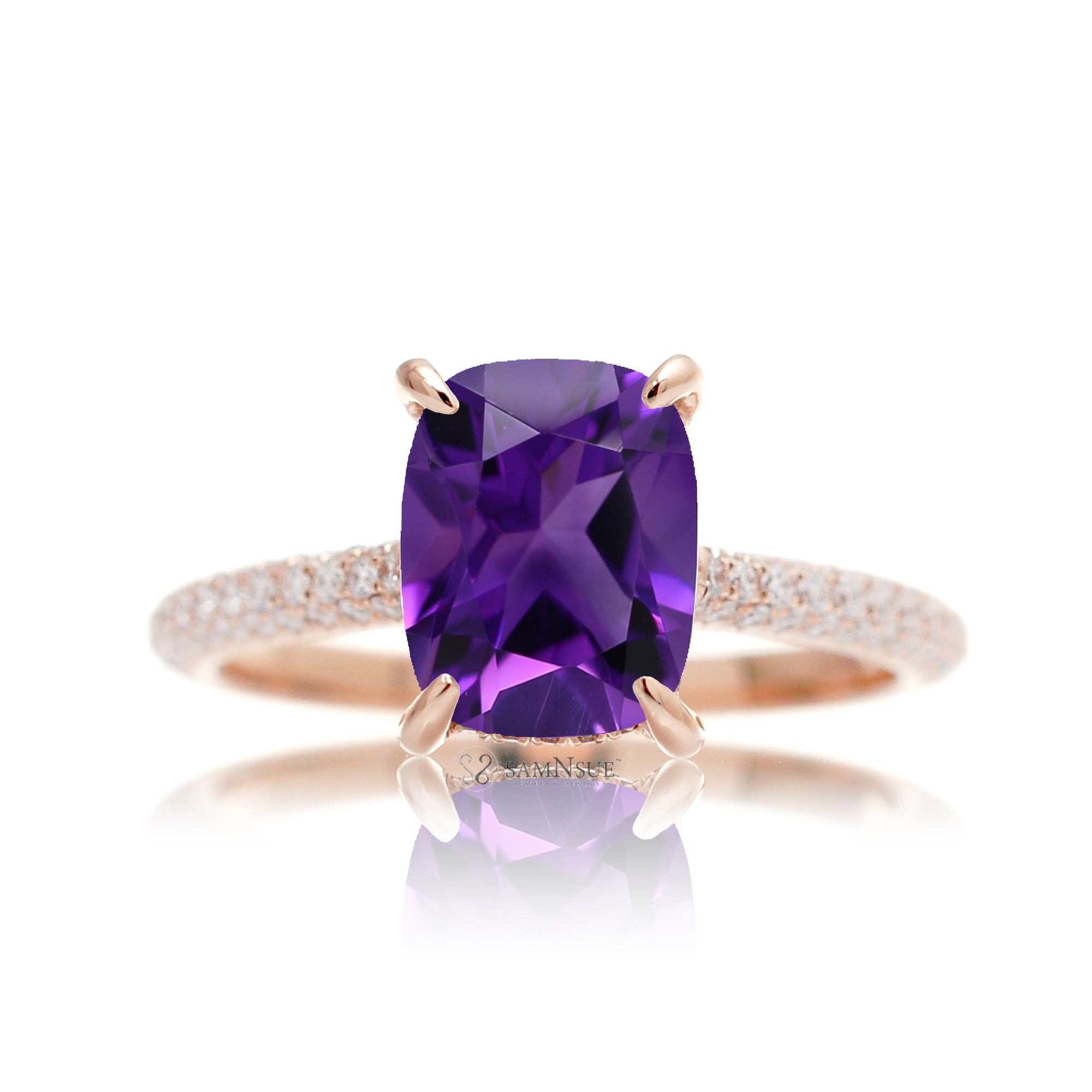 Cushion-Cut Amethyst Engagement Ring with Triple Diamond Band