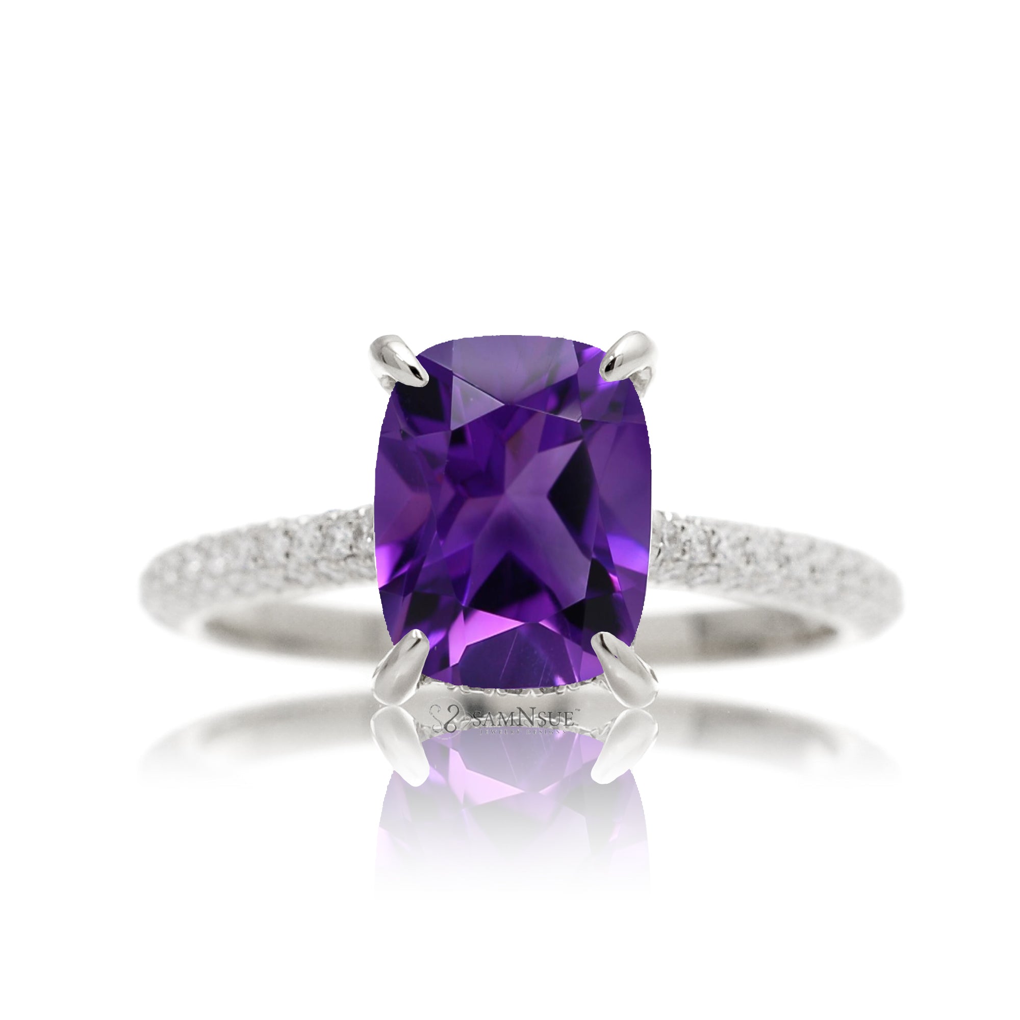 Purple Sapphire or Amethyst Ring with Cushion Cut and Diamond Accents