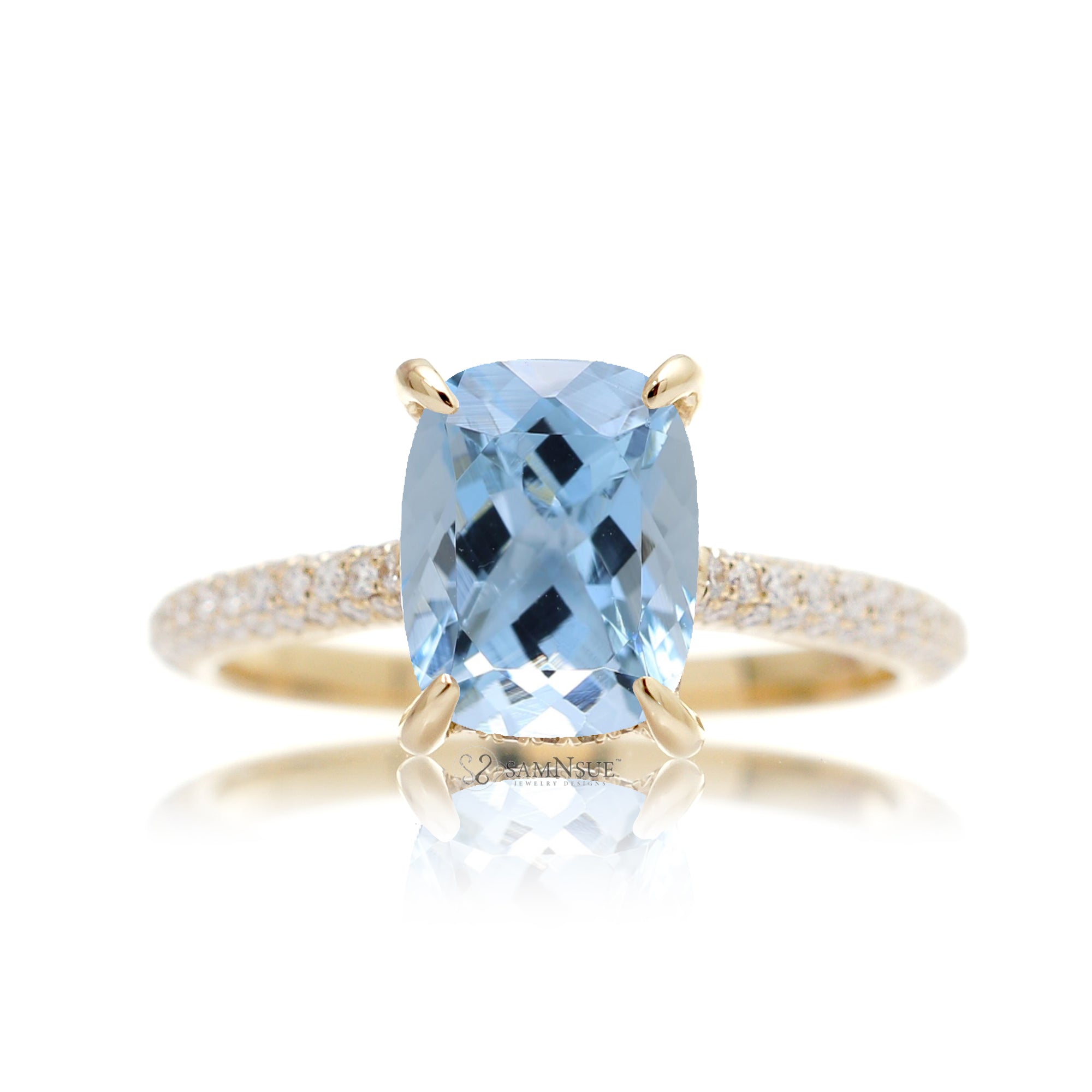 Cushion-Cut Aquamarine Ring with Triple Row Diamond Band