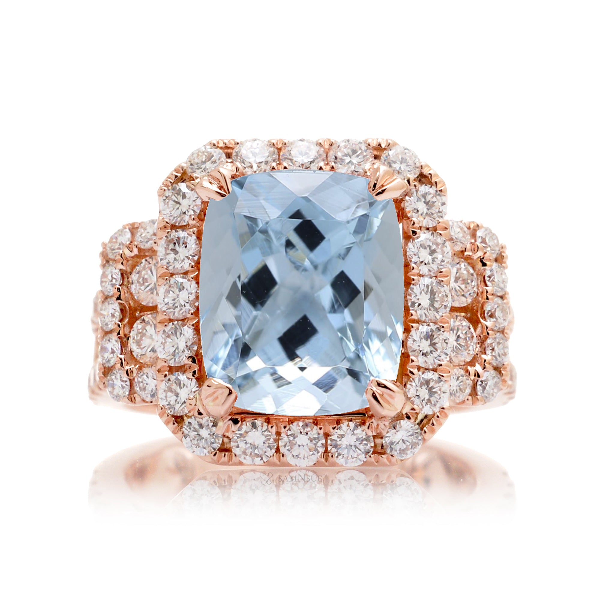 Three Row Aquamarine Halo Ring in Rose Gold