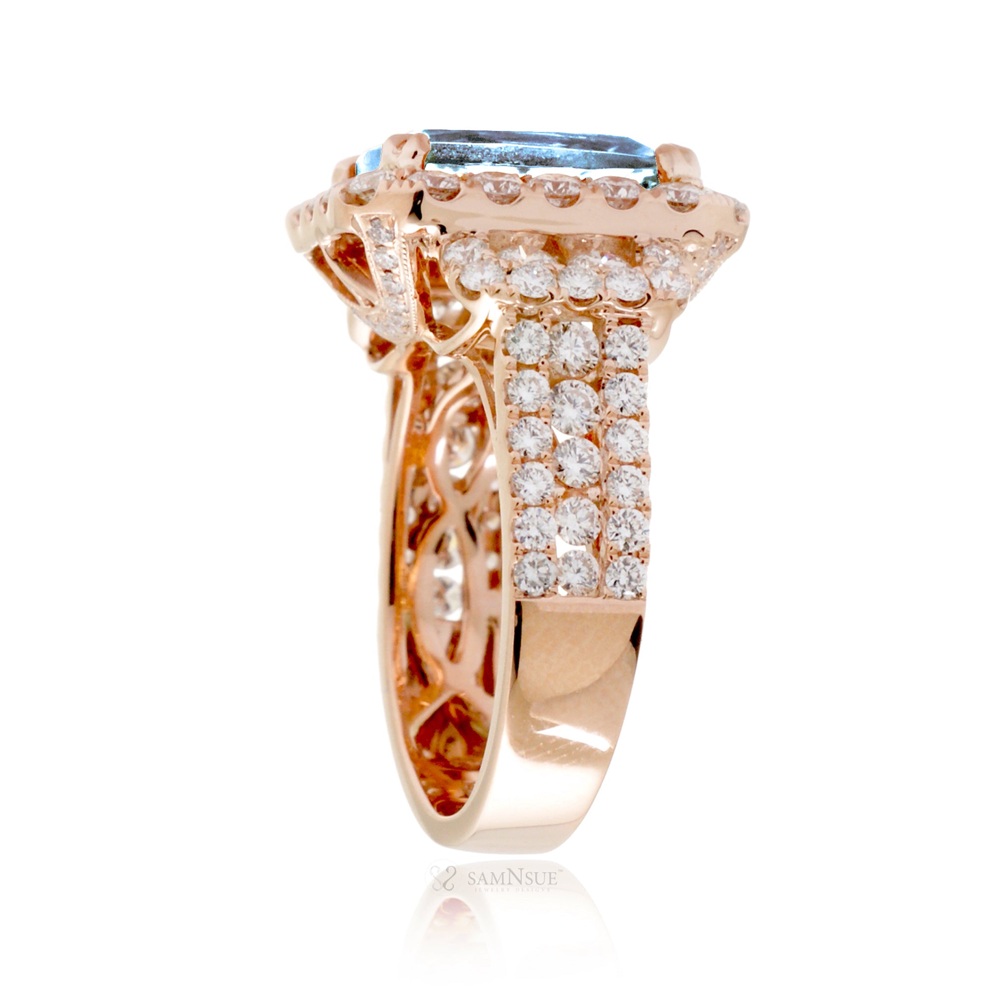 Three Row Aquamarine Halo Ring in Rose Gold