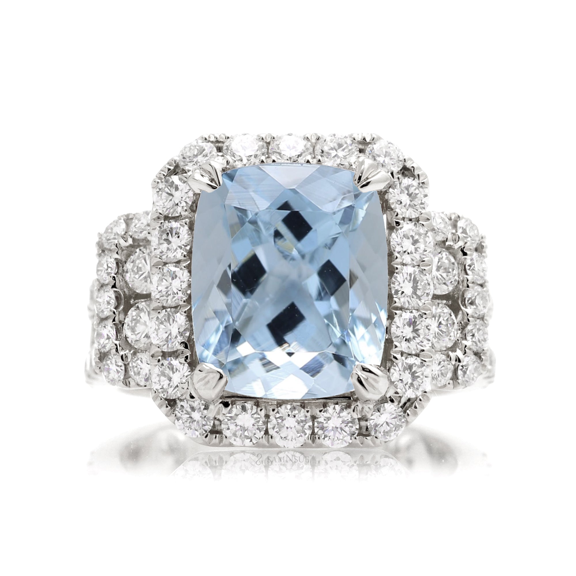 Cushion Cut Aquamarine and Diamond Engagement Ring in White Gold