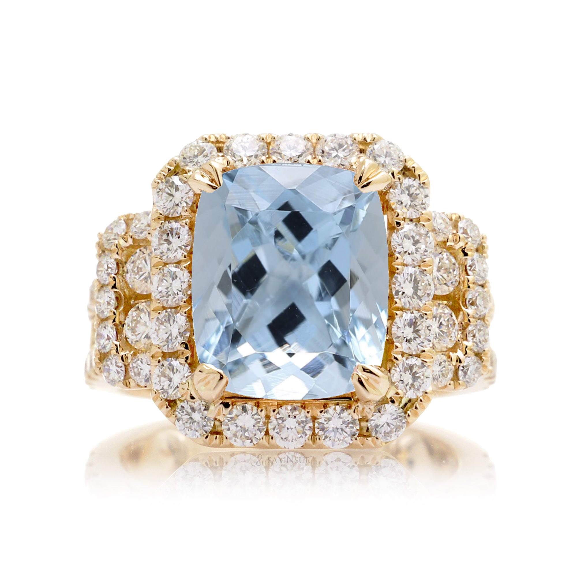 Bold Cushion Aquamarine Diamond Halo Ring in Yellow Gold