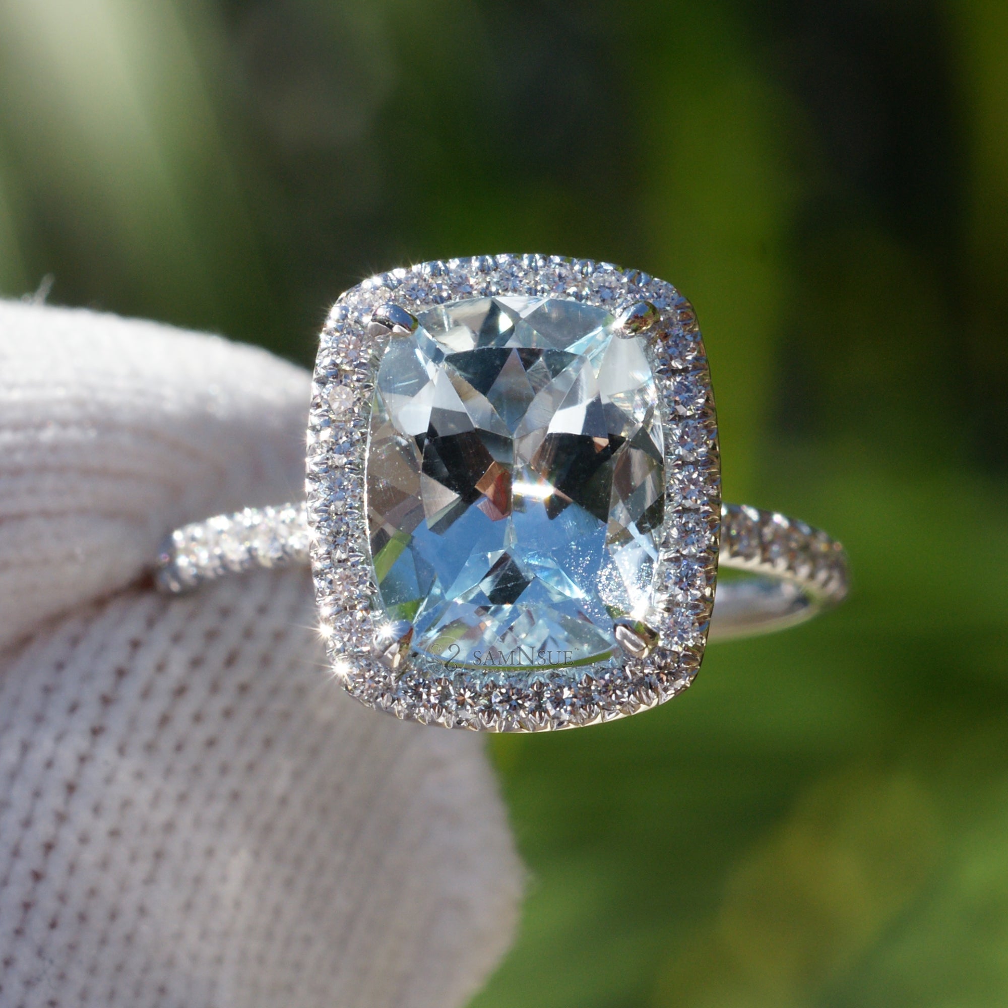 The Caitlin Cushion Cut Aquamarine & Diamond Halo Ring