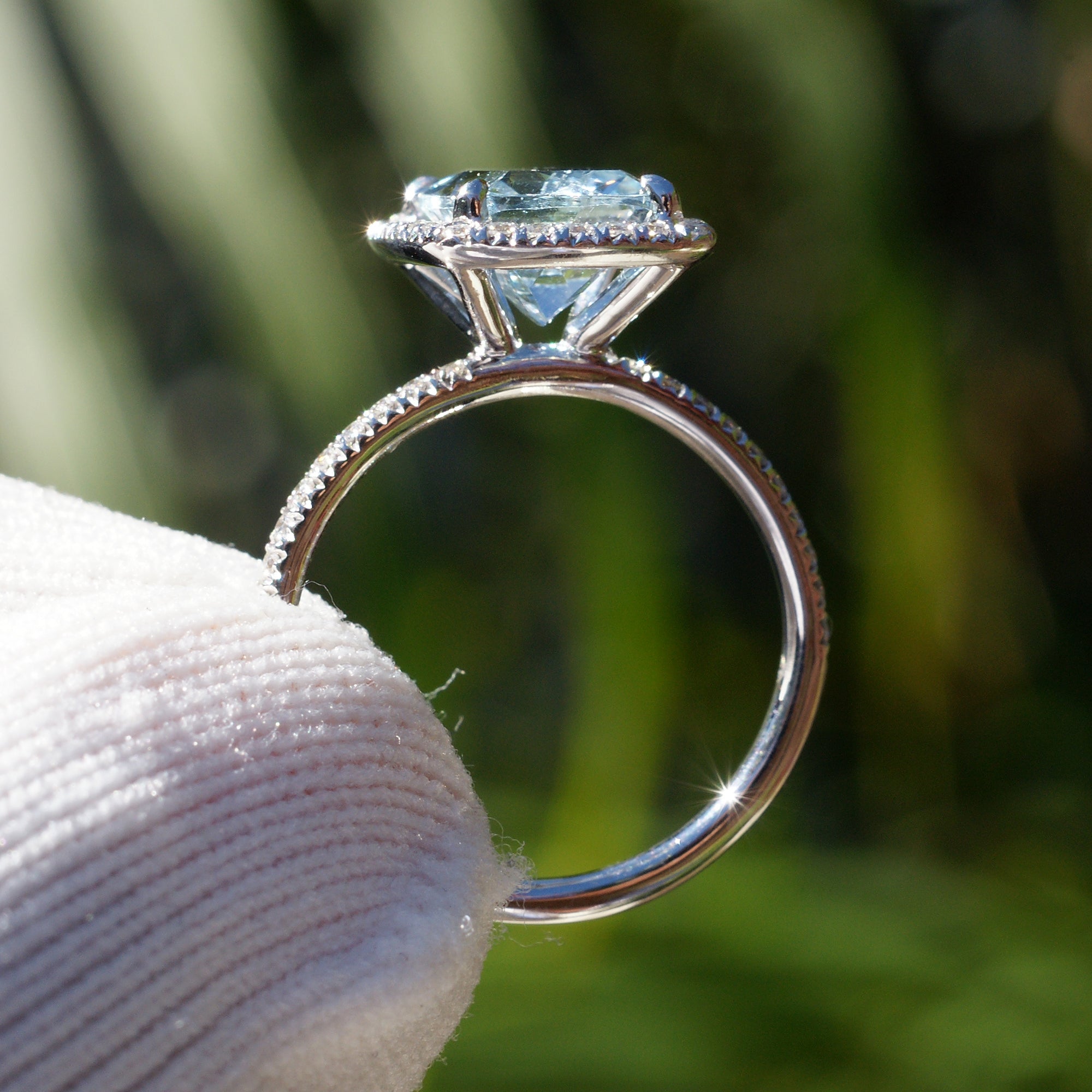The Caitlin Cushion Cut Aquamarine & Diamond Halo Ring