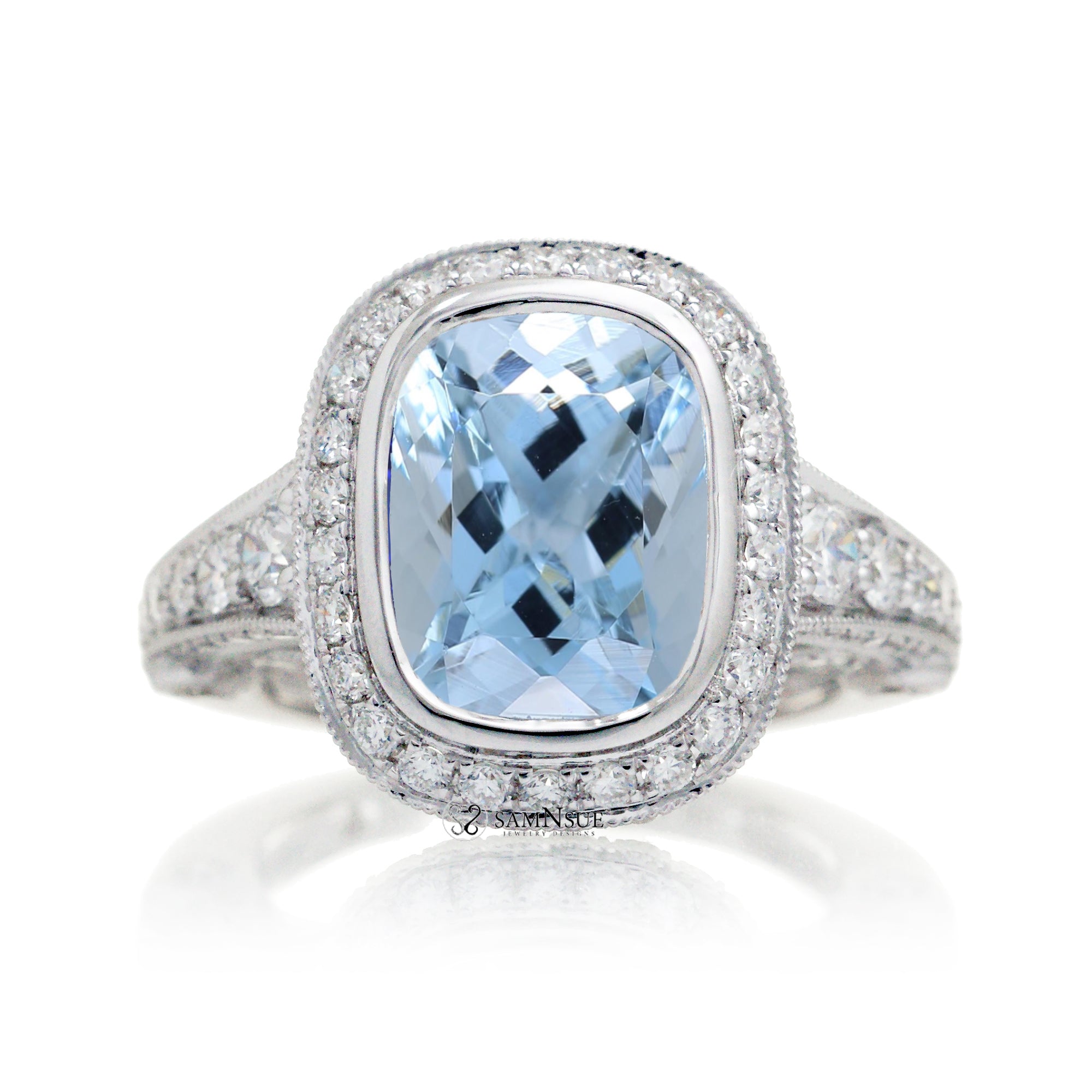 Cushion cut aquamarine bezel set vintage style engagement ring