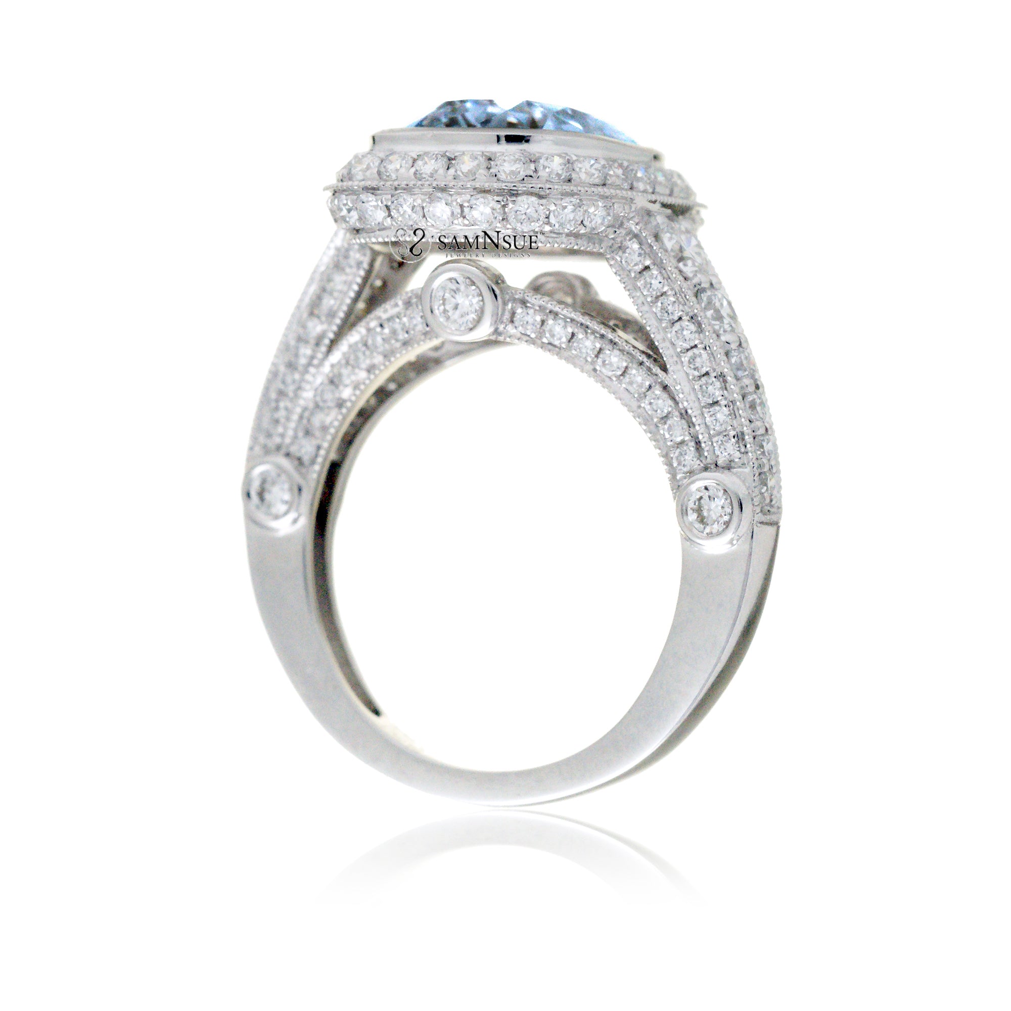 Cushion cut aquamarine bezel set vintage style engagement ring