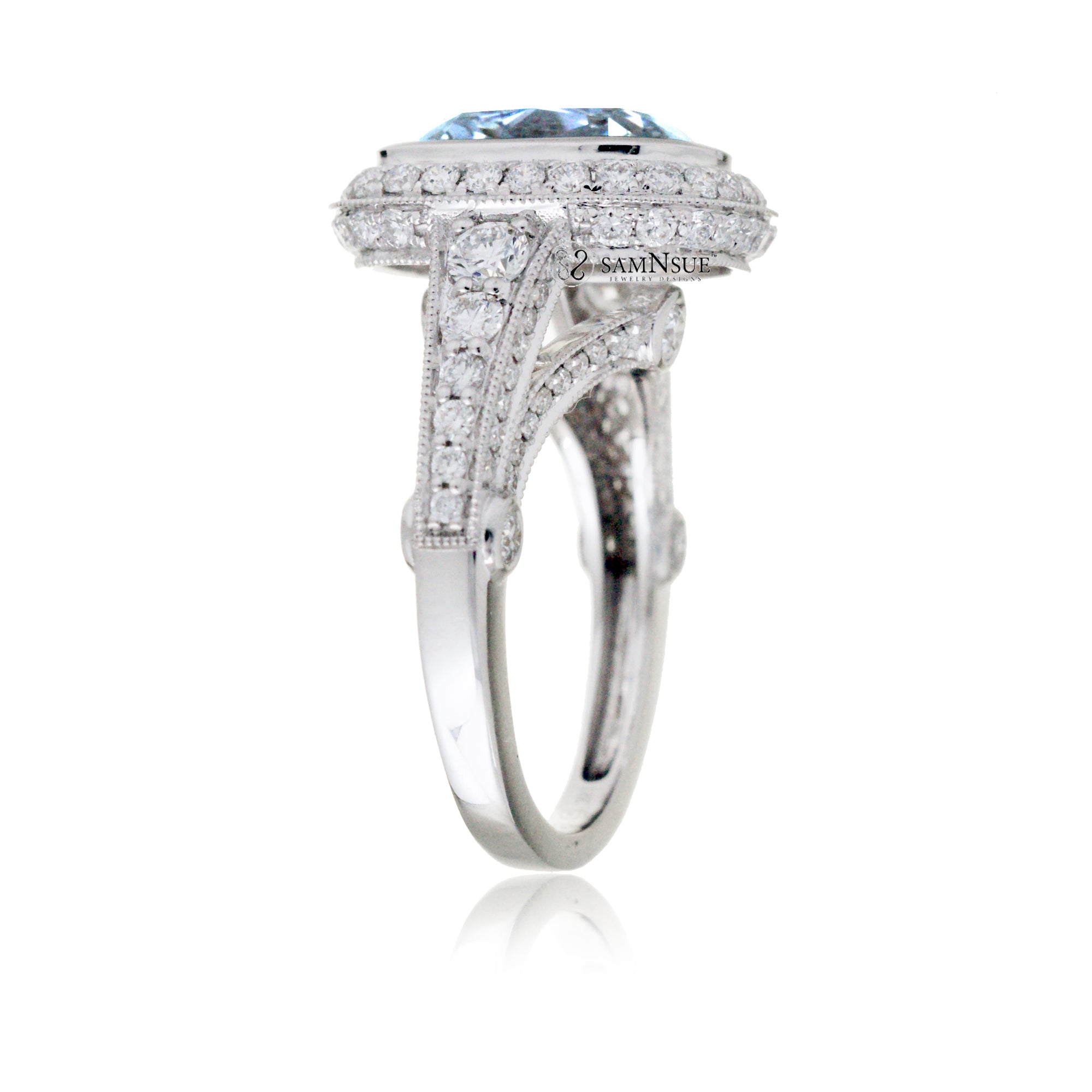 Cushion cut aquamarine bezel set vintage style engagement ring
