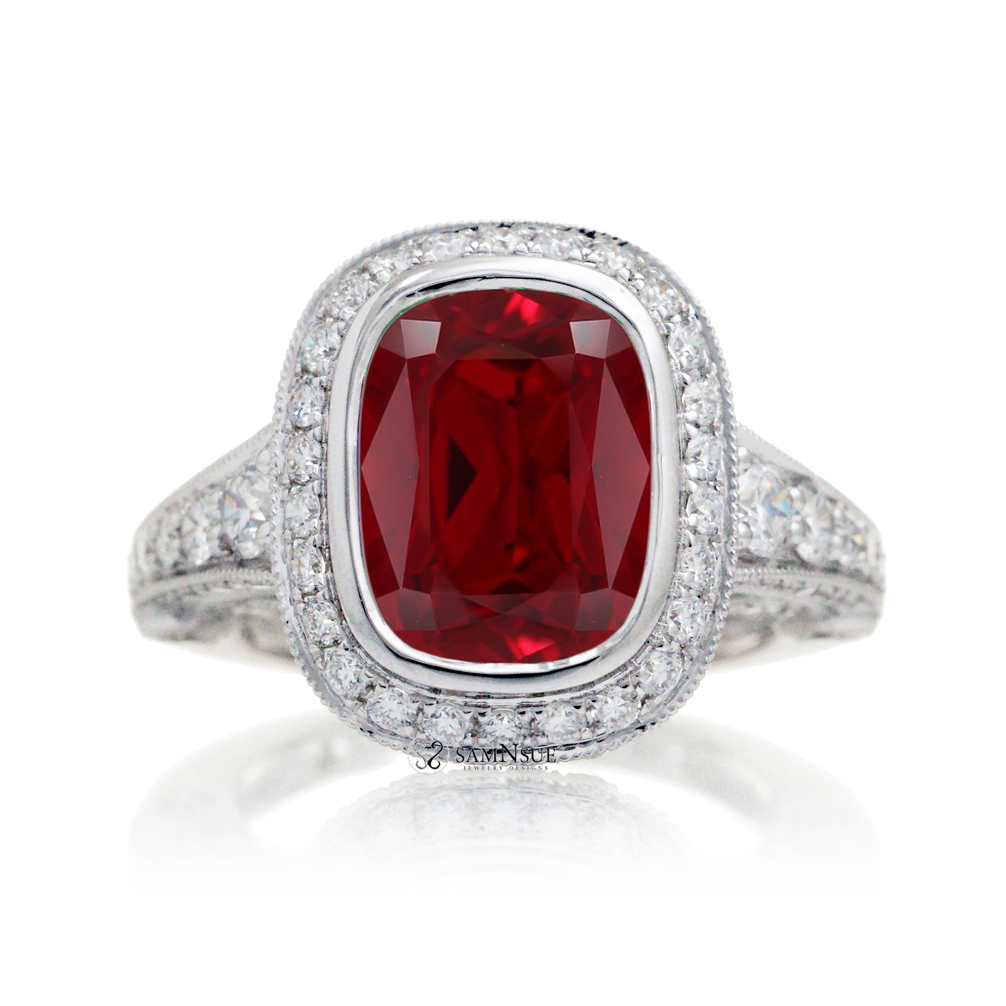 Cushion cut ruby halo cathedral setting legacy style engagement ring