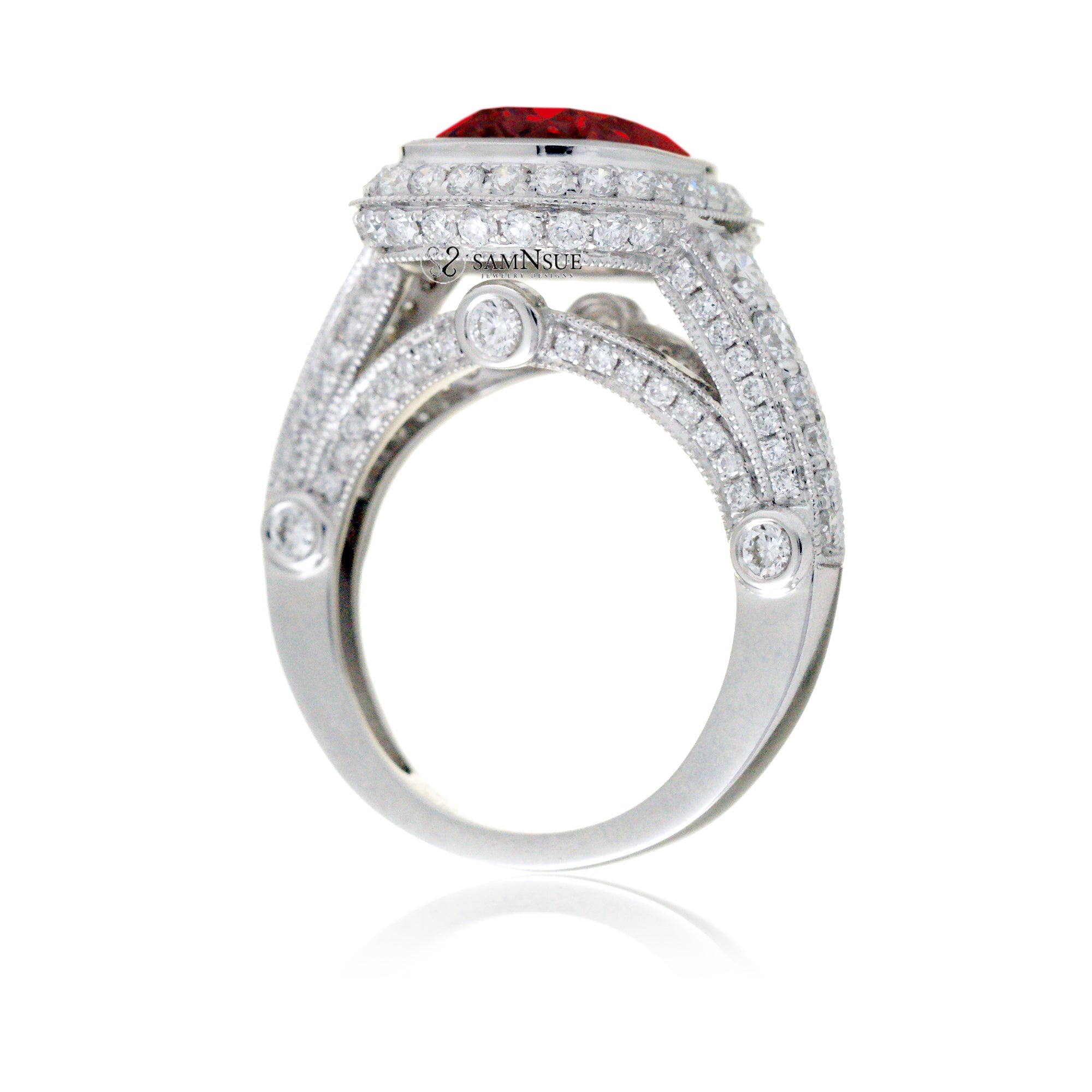 Cushion cut ruby halo cathedral setting legacy style engagement ring