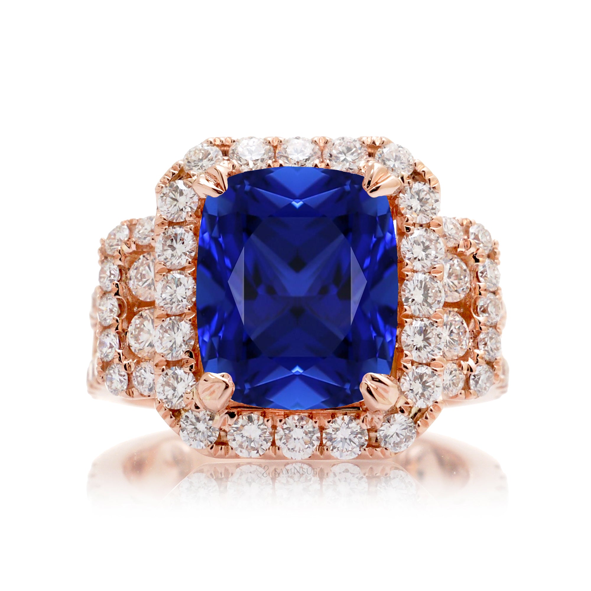 Rose Gold Cushion Cut Blue Sapphire Engagement Ring with Diamond Band
