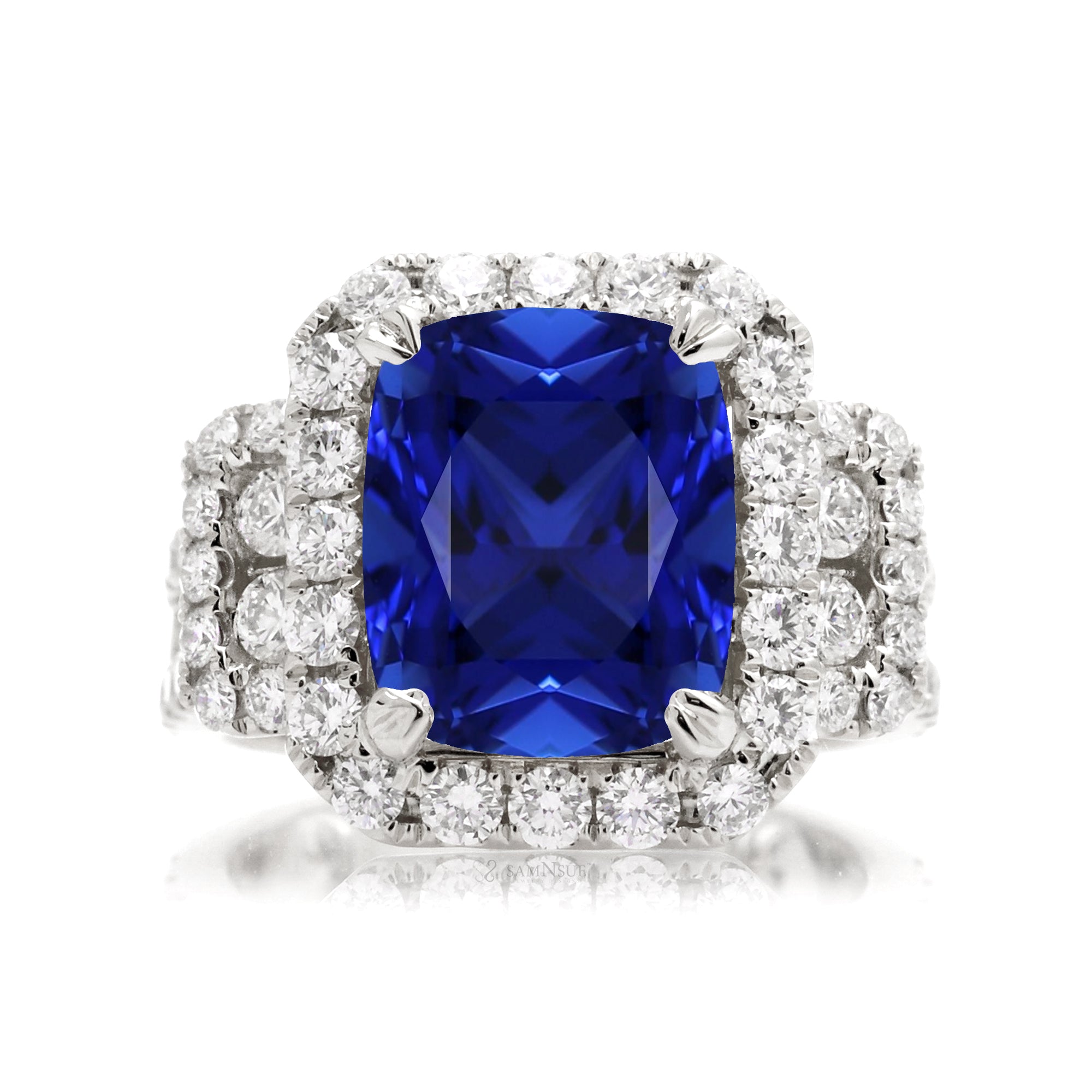 White Gold Cushion Blue Sapphire Ring with Diamond Halo & Side Stones