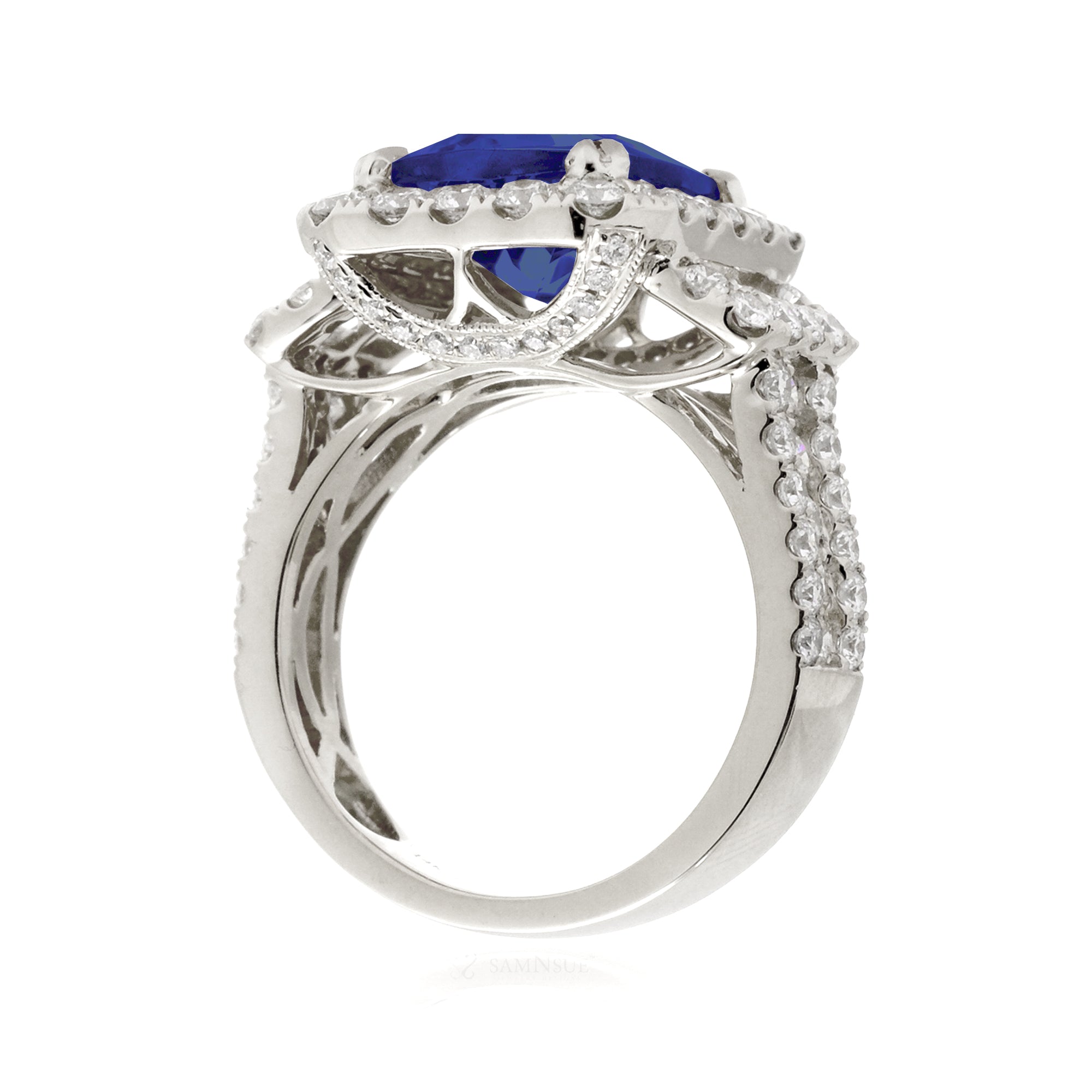 White Gold Cushion Blue Sapphire Ring with Diamond Halo & Side Stones