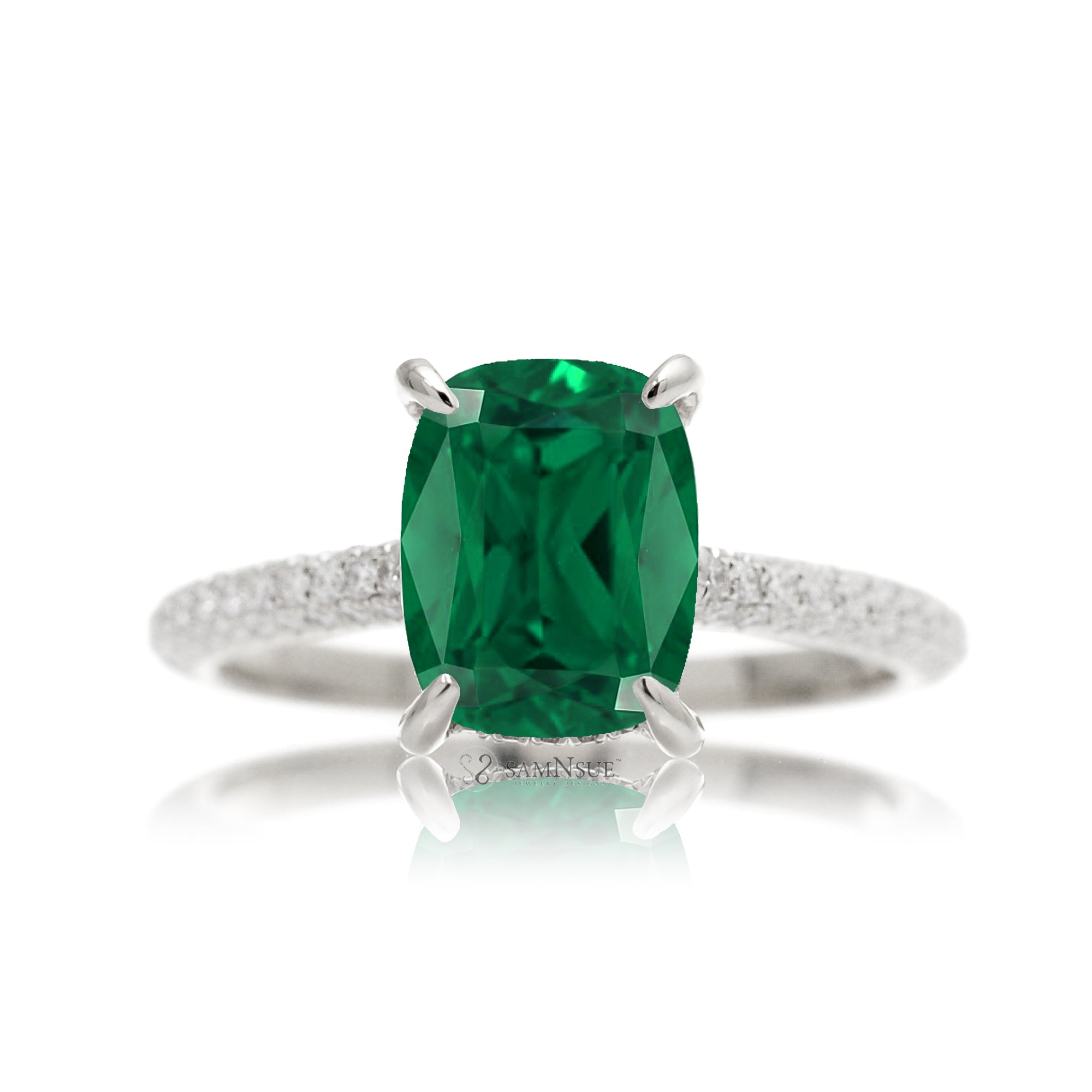 Emerald and Diamond Ring with Cushion Center Stone