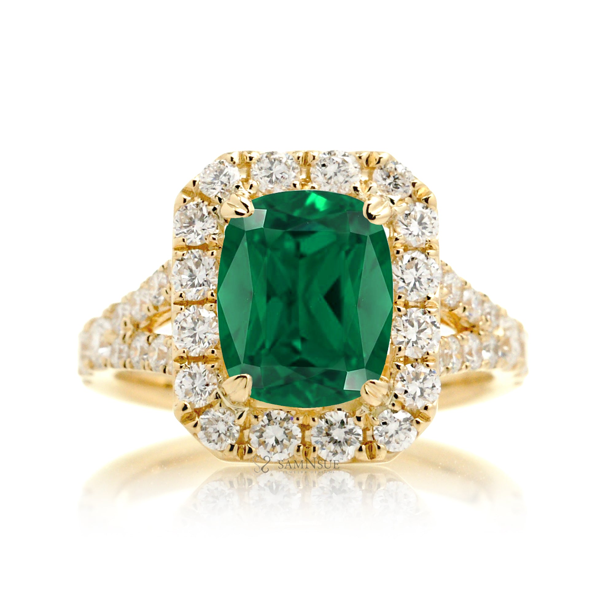 Emerald Halo Engagement Ring with Split Shank – The Meghan in Yellow Gold