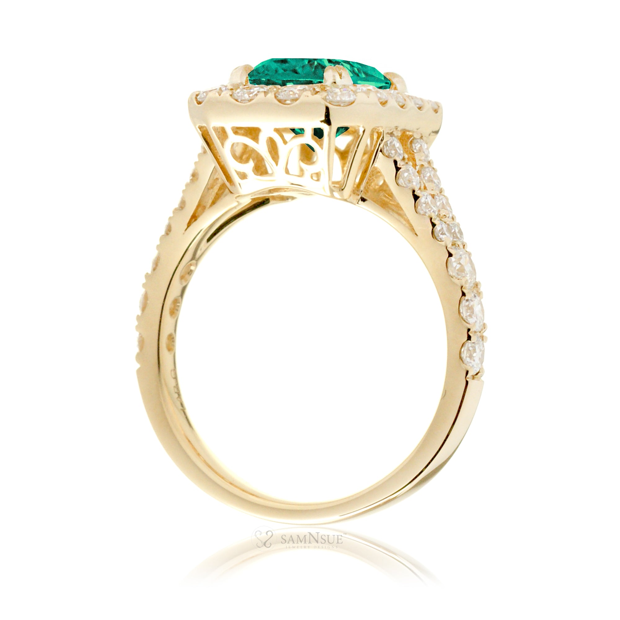 Emerald Halo Engagement Ring with Split Shank – The Meghan in Yellow Gold