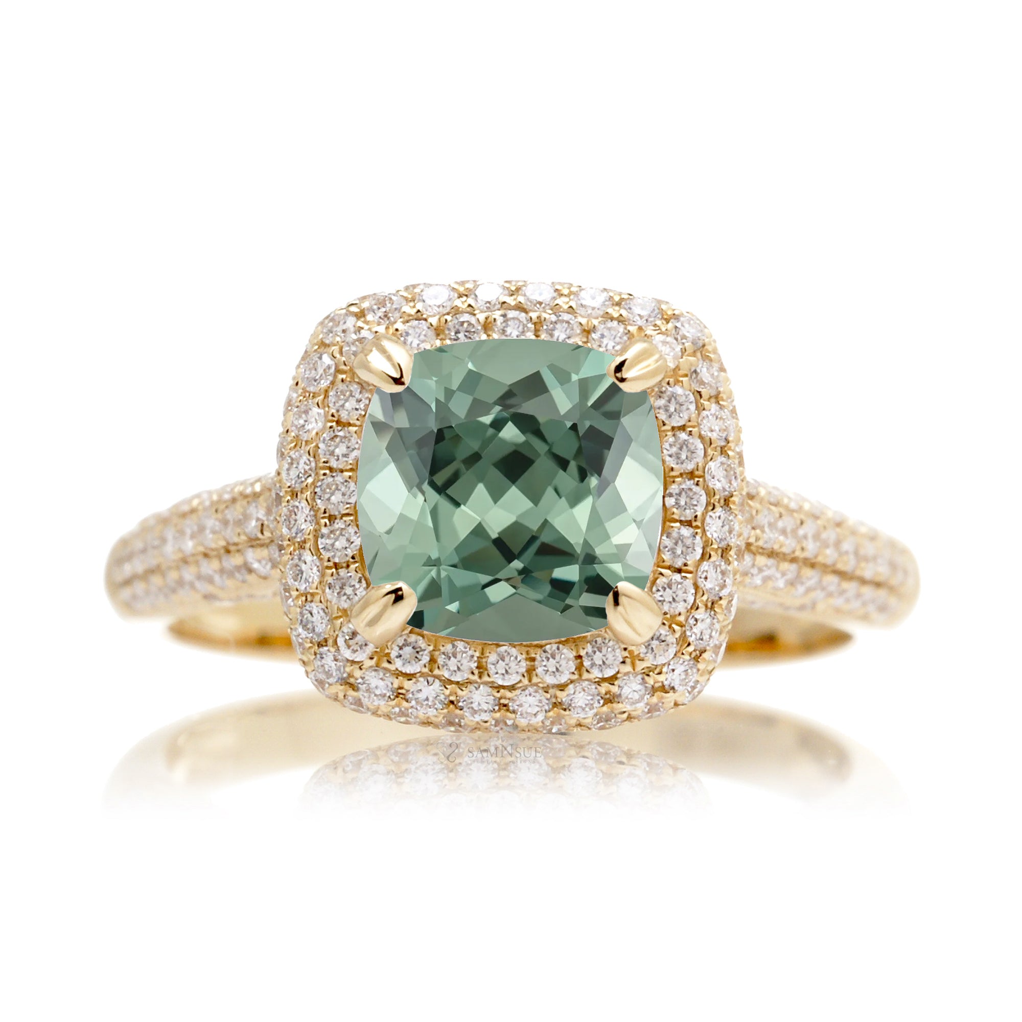 Cushion cut green sapphire diamond  micro-pavé halo and band ring yellow gold