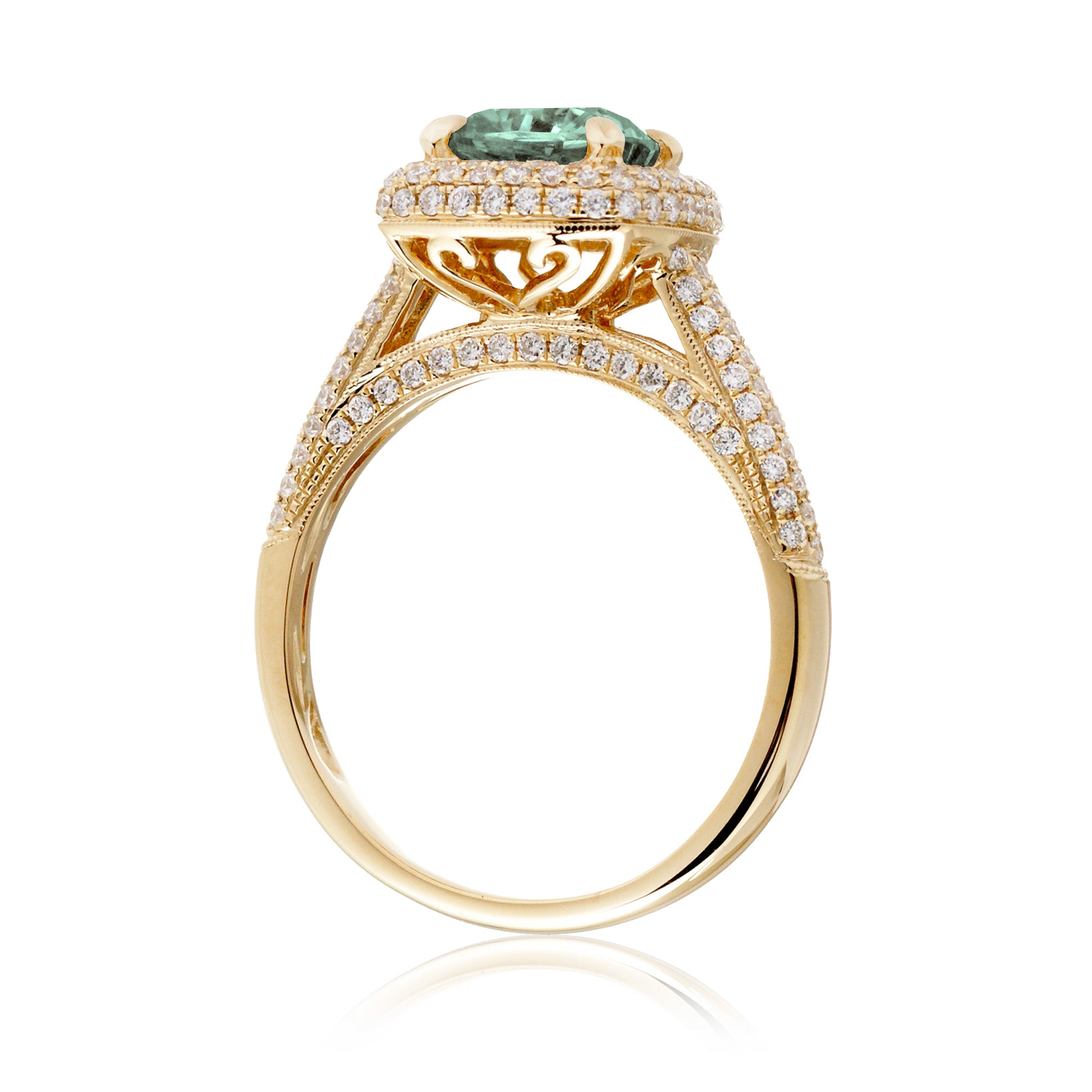 Cushion cut green sapphire diamond  micro-pavé halo and band ring yellow gold