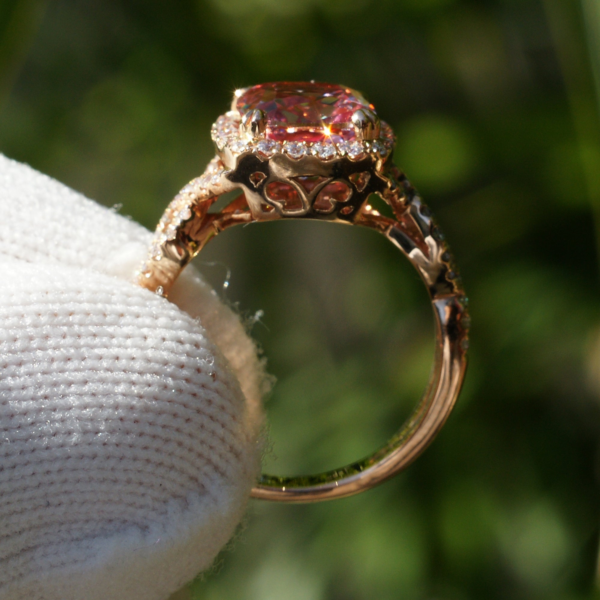 The Shelly Cushion Pink Lab Sapphire Ring (8x8)
