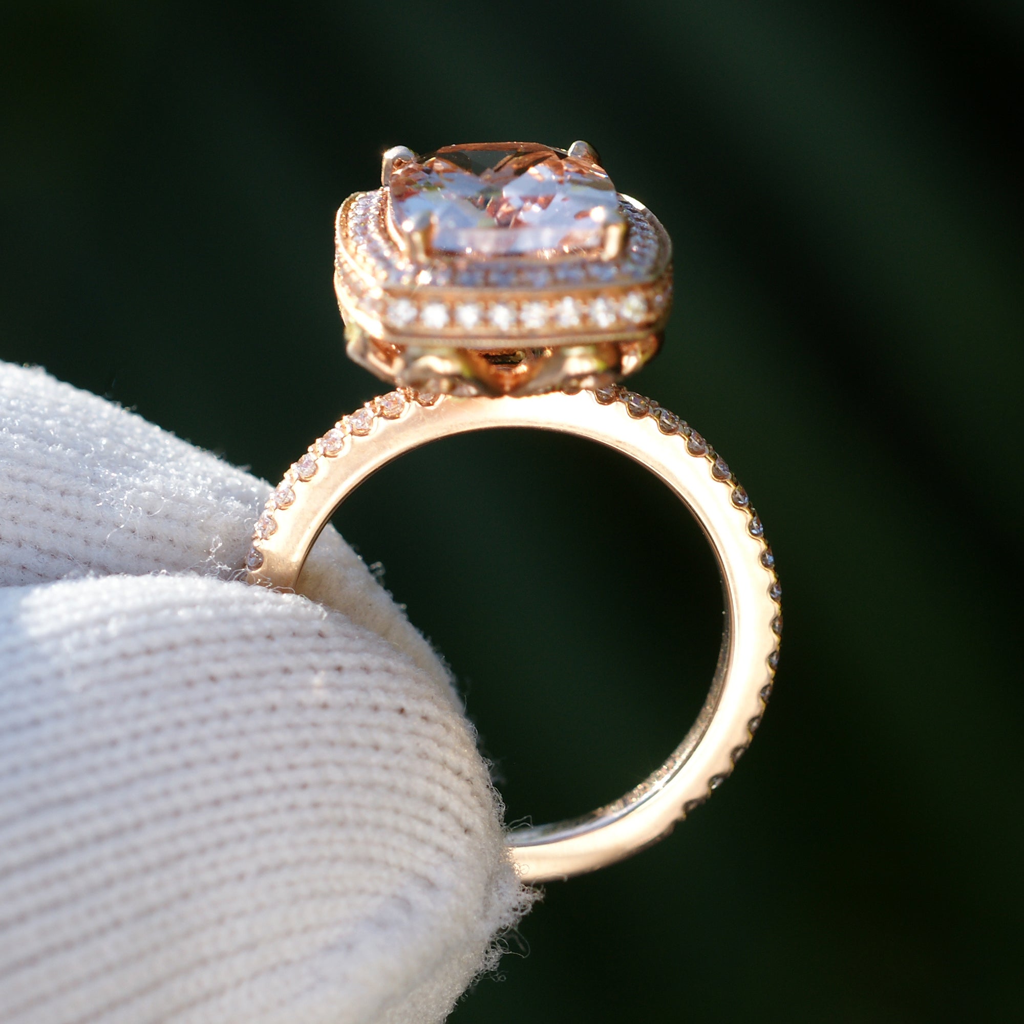 Morganite engagement ring in rose gold vintage style setting