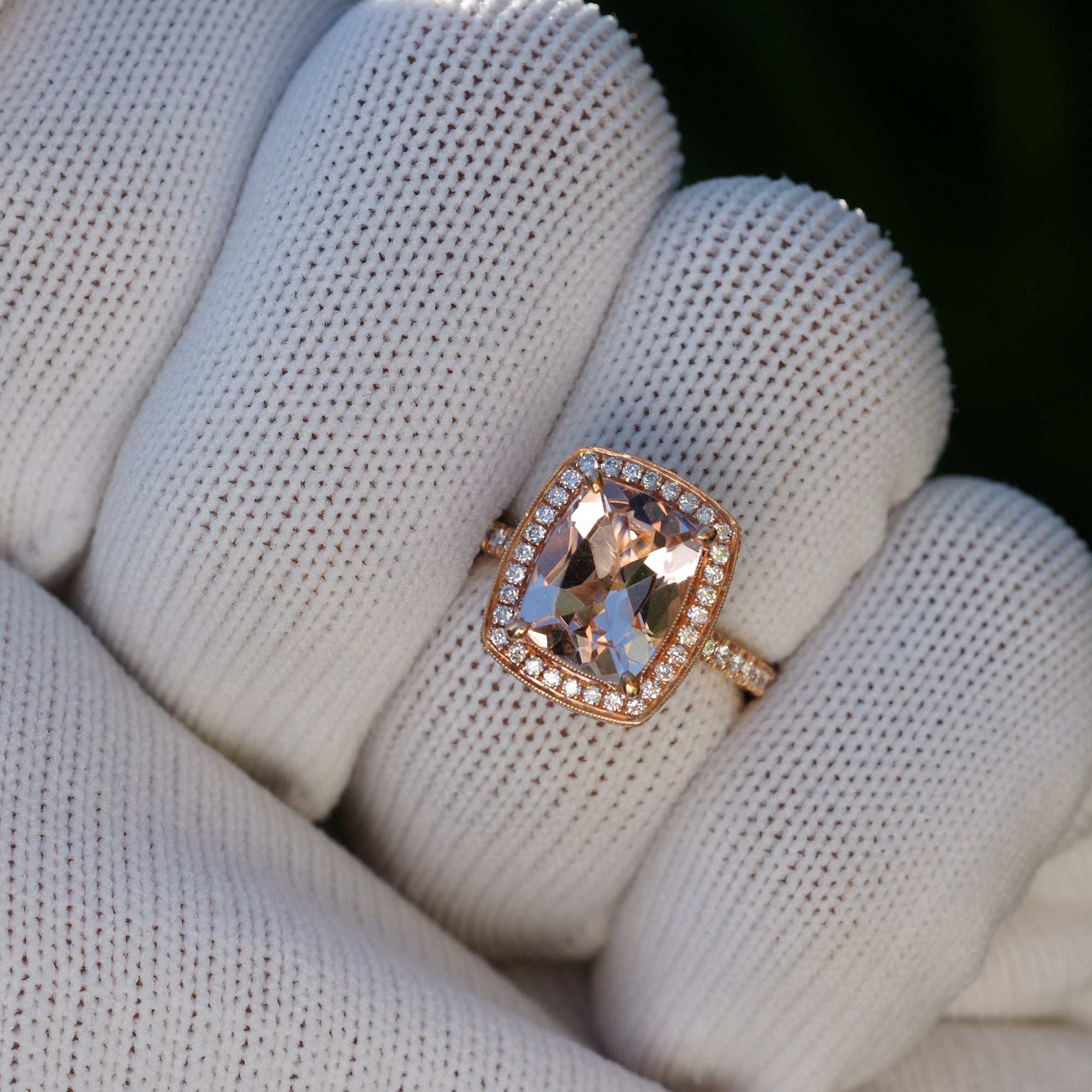 Morganite engagement ring in rose gold vintage style setting