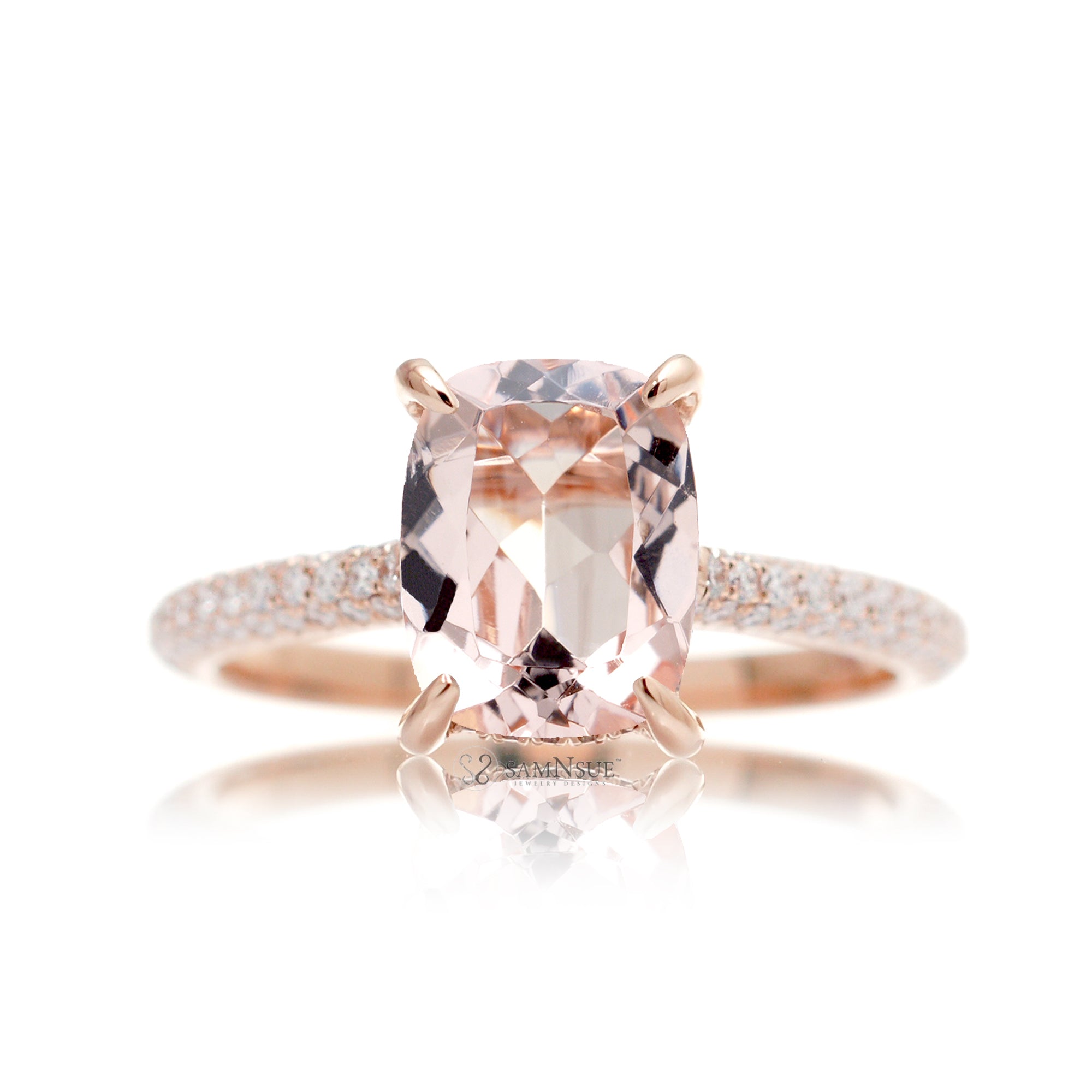 Cushion-Cut Morganite Engagement Ring with Triple Diamond Band