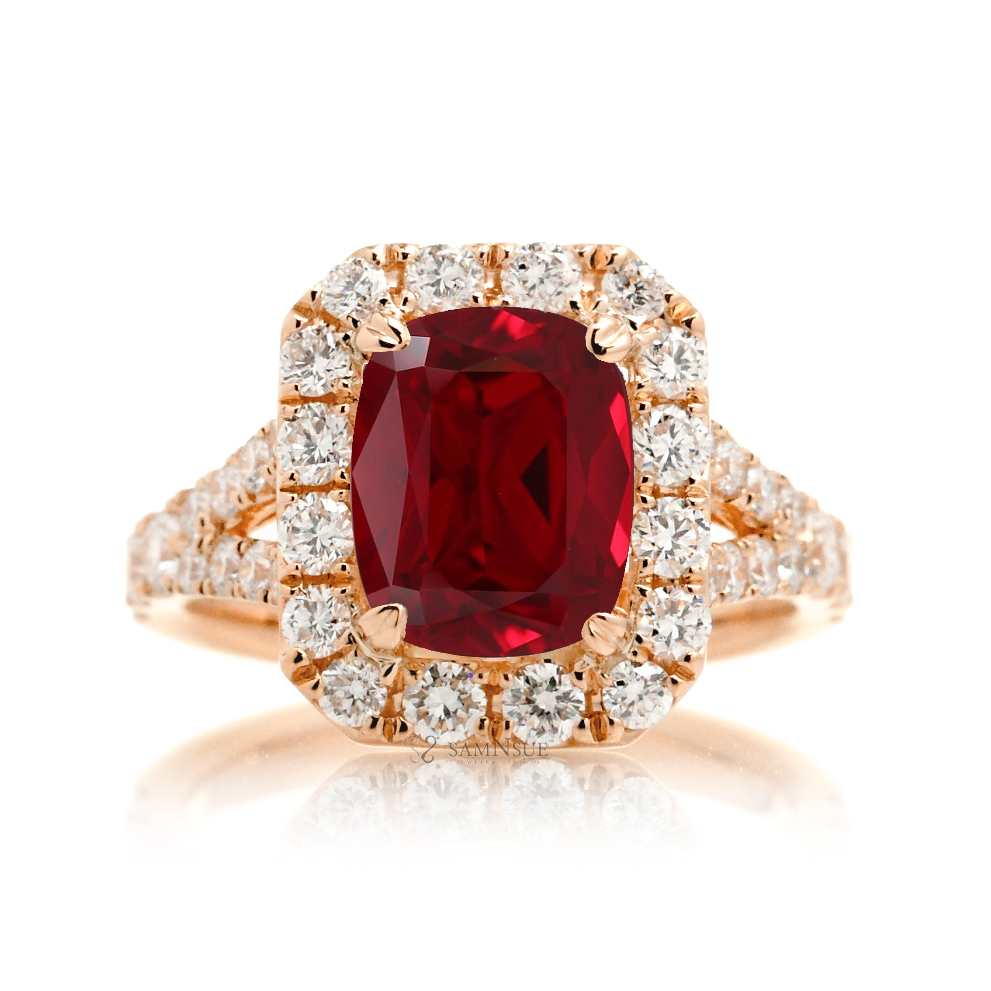 Cushion Ruby and Diamond Halo Engagement Ring – The Meghan Rose Gold
