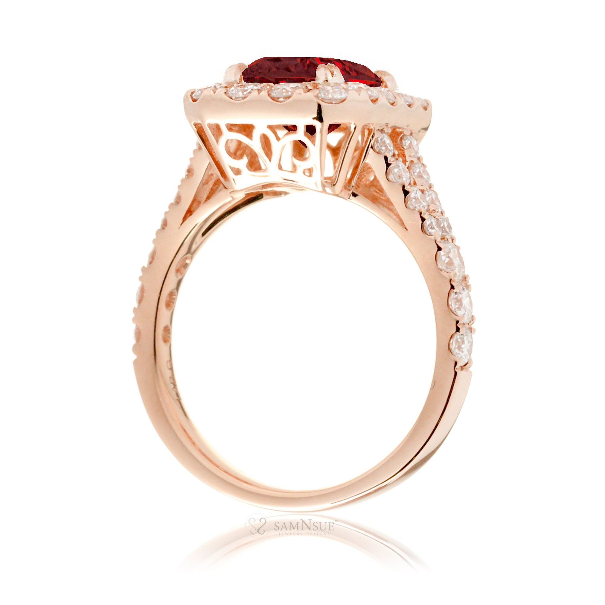 Cushion Ruby and Diamond Halo Engagement Ring – The Meghan Rose Gold