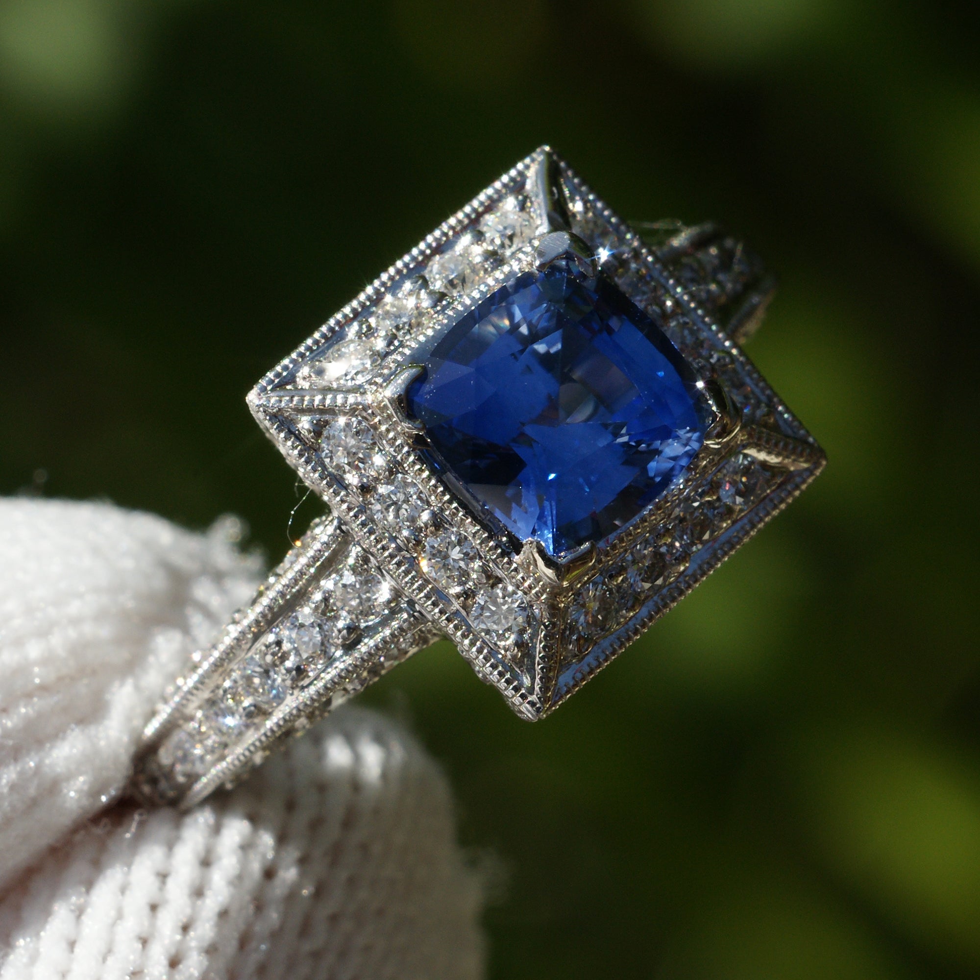 Cushion cut sapphire square diamond halo vintage style white gold ring