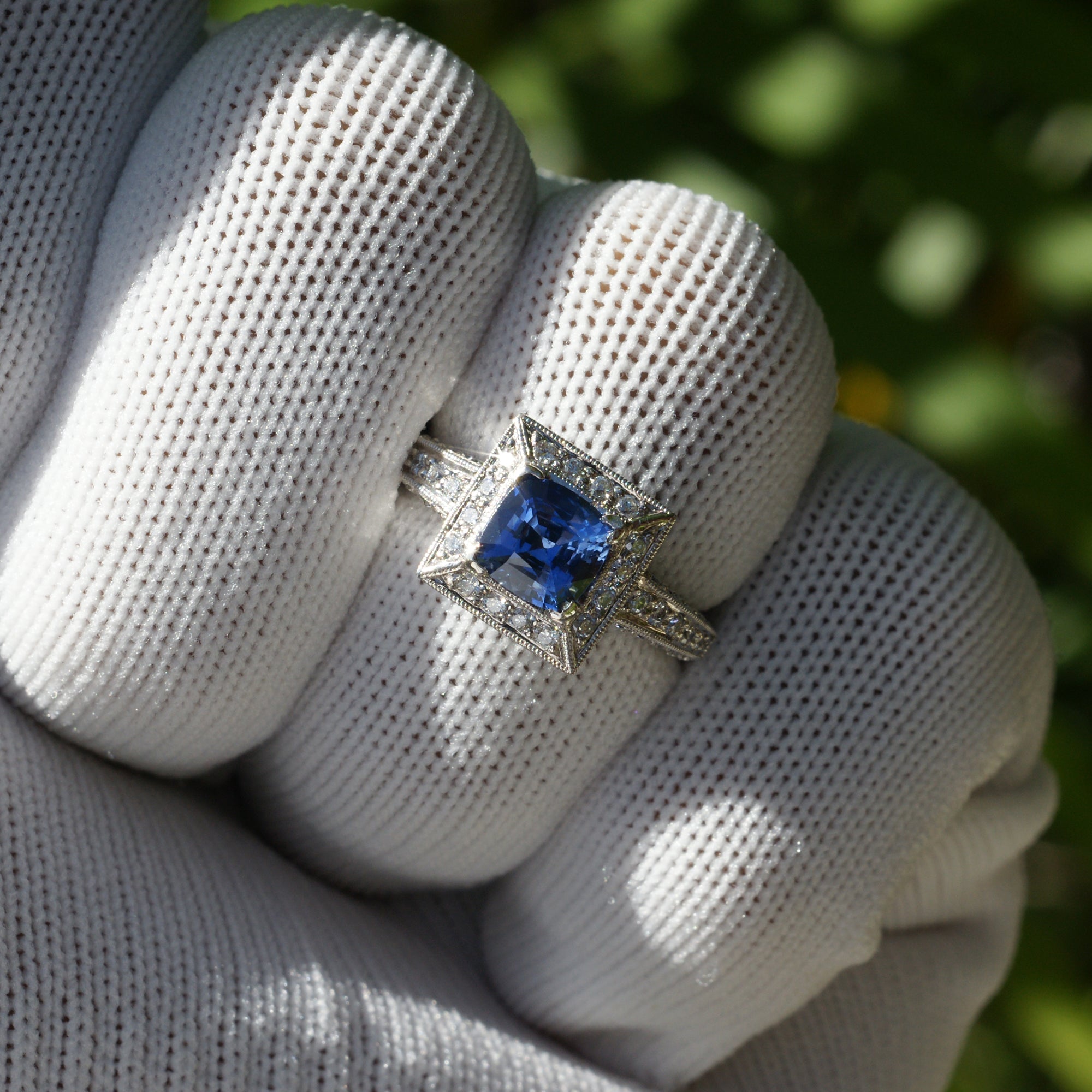 Cushion cut sapphire square diamond halo vintage style white gold ring