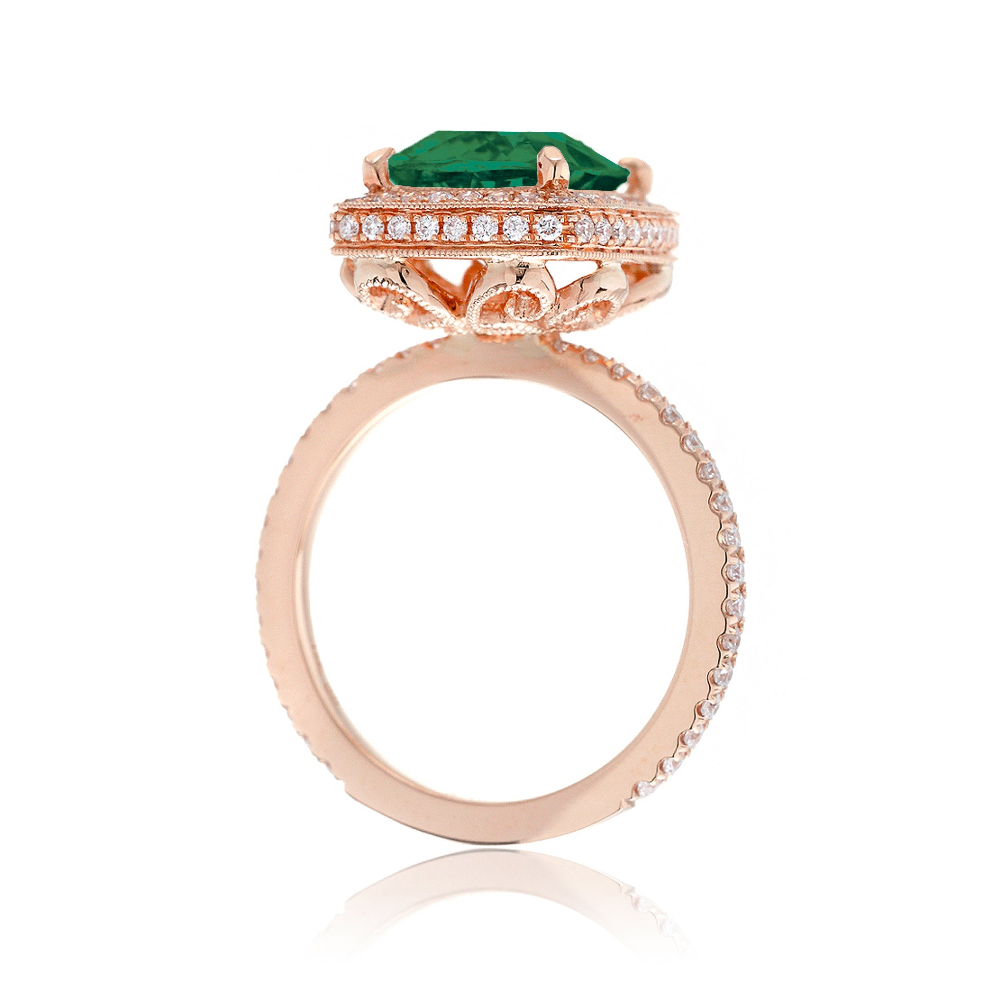 Cushion cut emerald engagement ring vintage style diamond accent setting rose gold