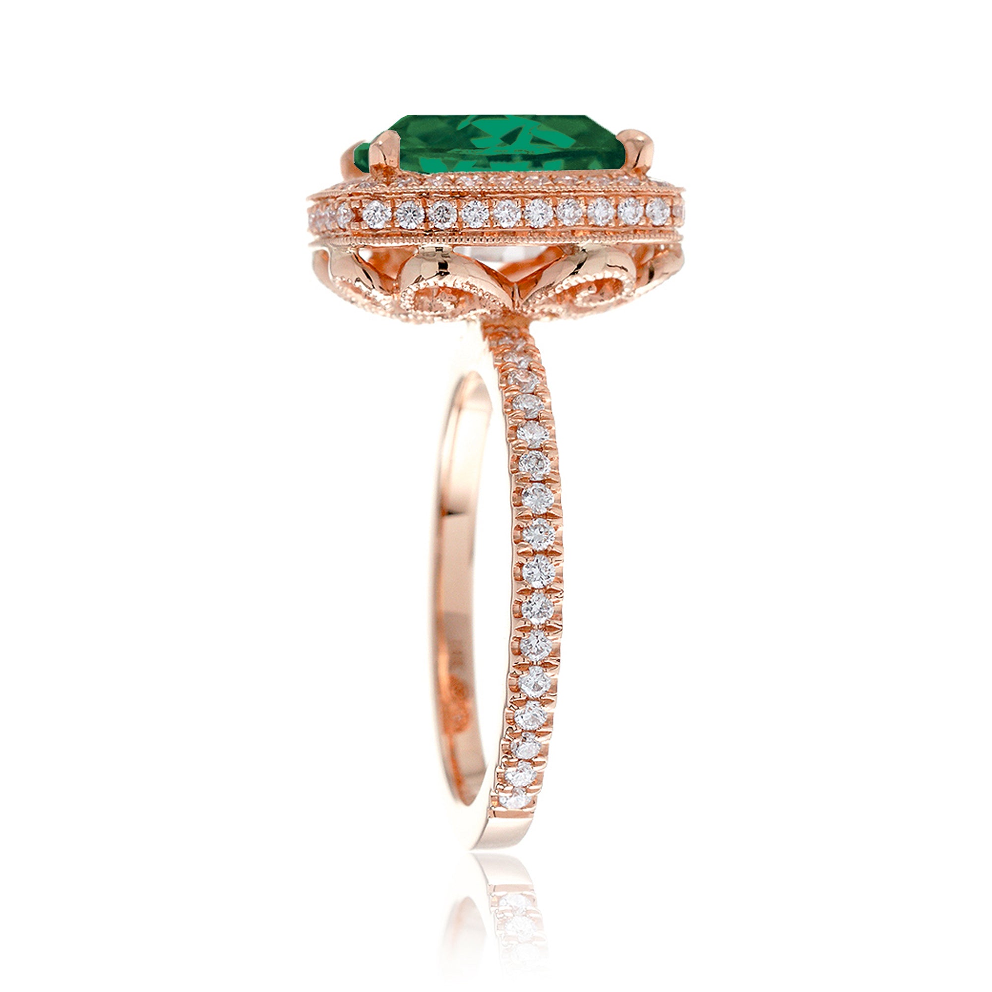 Cushion cut emerald engagement ring vintage style diamond accent setting rose gold