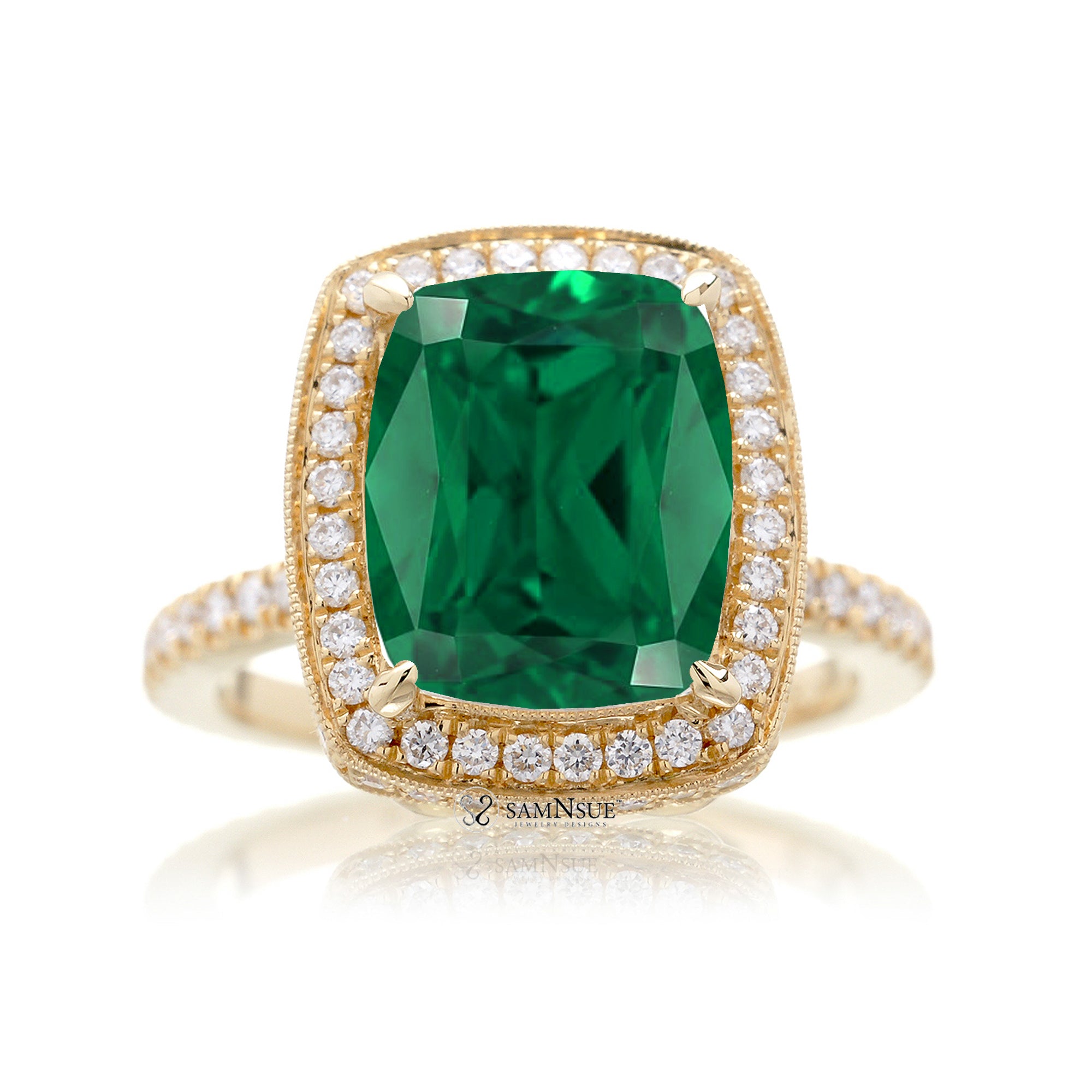 Cushion cut emerald engagement ring vintage style diamond accent setting yellow gold