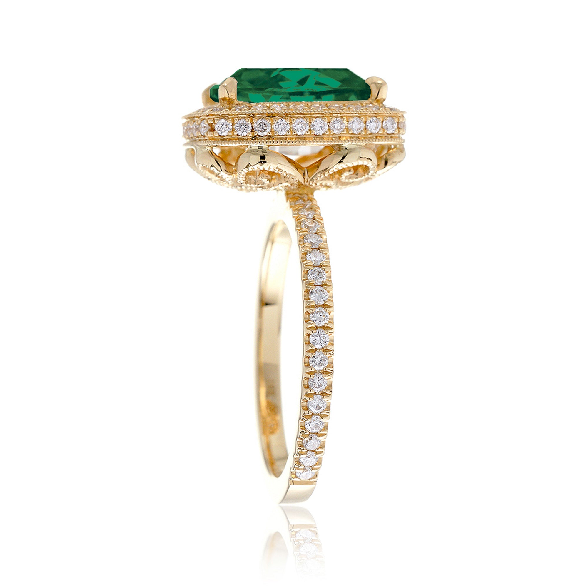 Cushion cut emerald engagement ring vintage style diamond accent setting yellow gold