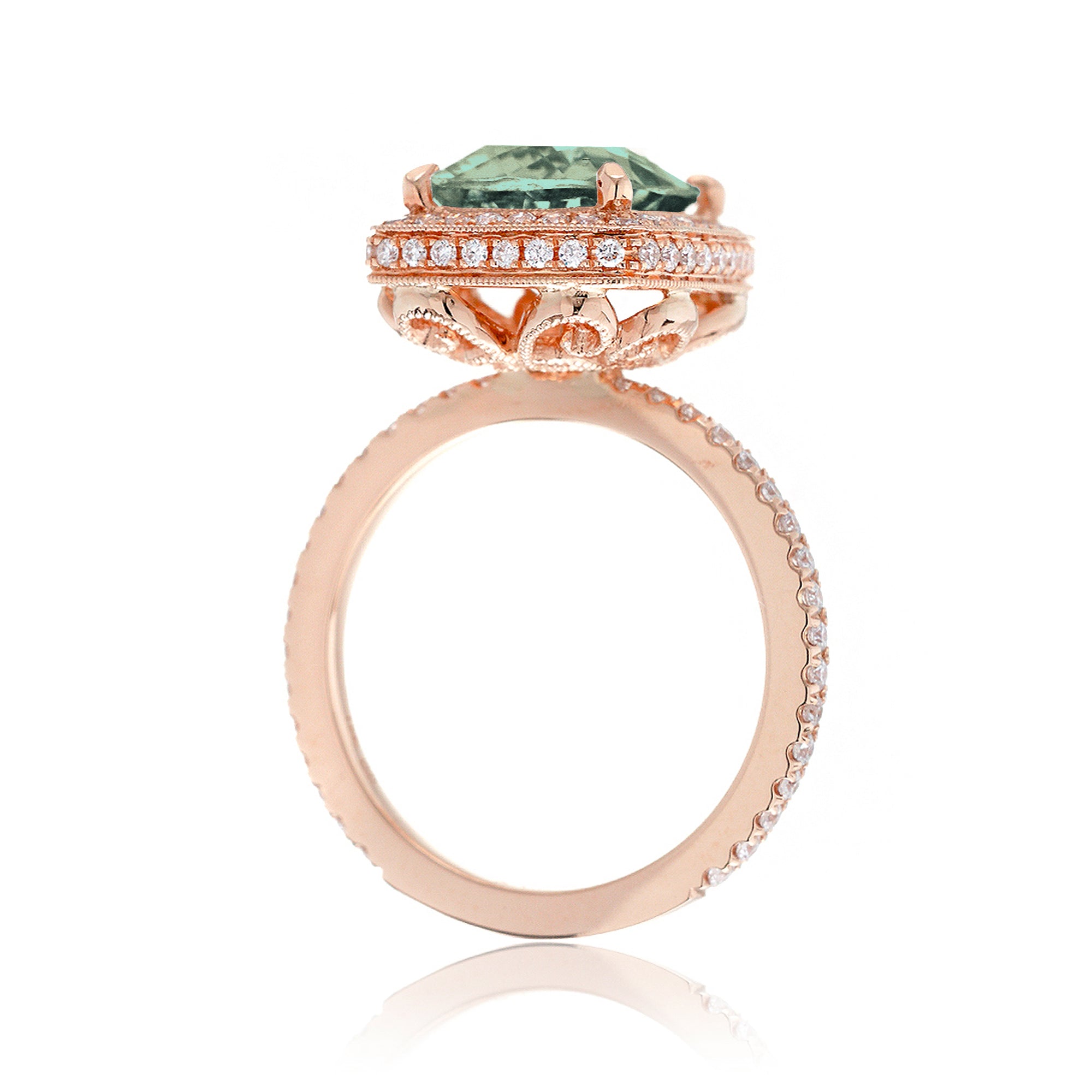 Cushion green sapphire engagement ring with vintage diamond halo and setting rose gold
