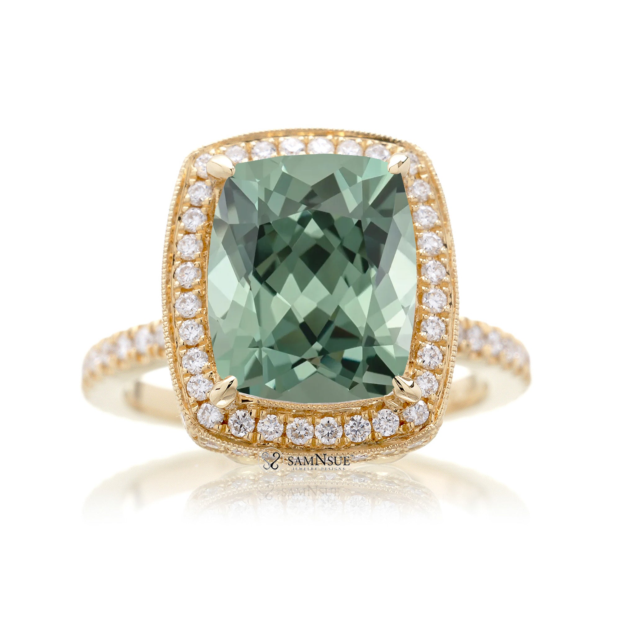 Cushion green sapphire engagement ring with vintage diamond halo and setting yellow gold