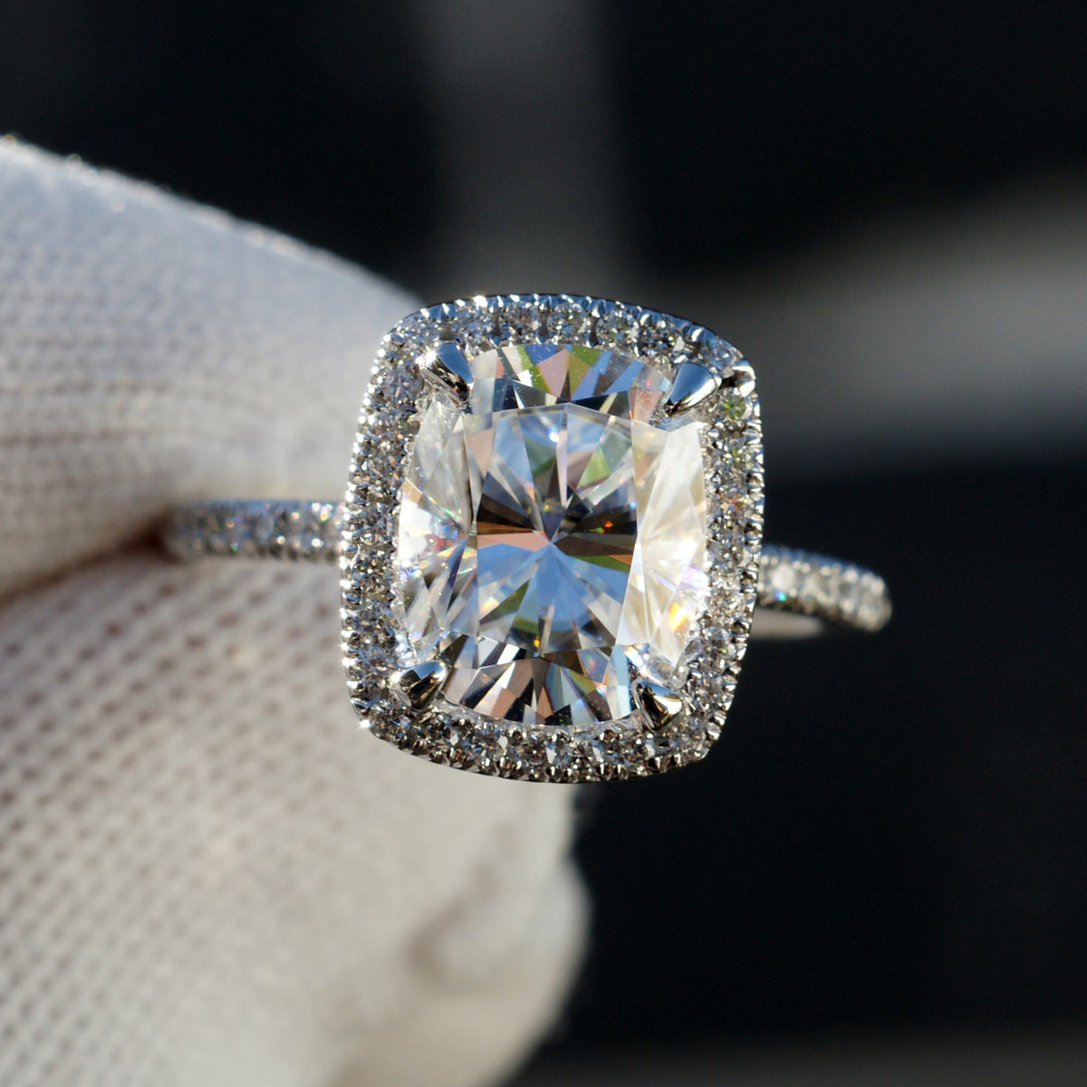 Cushion Moissanite engagement ring with diamond halo and diamond band