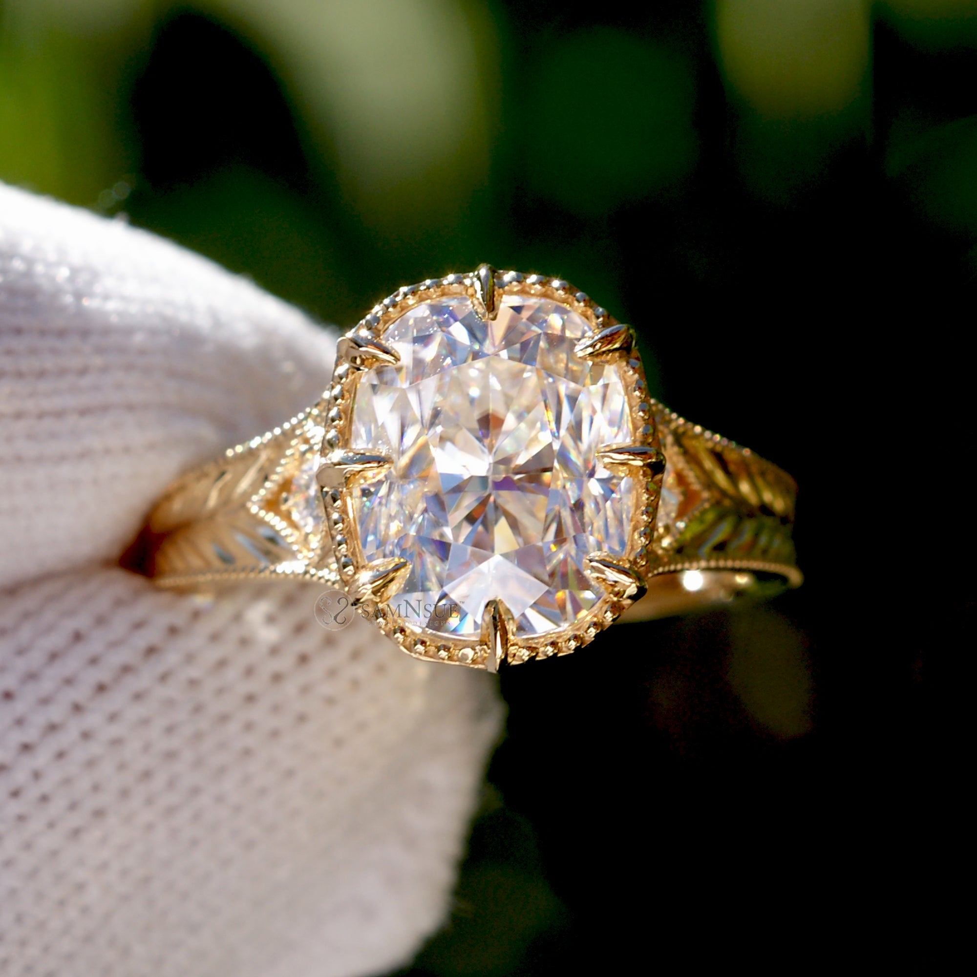 Taylor Swift inspired moissanite engagement ring in yellow gold with vintage accent