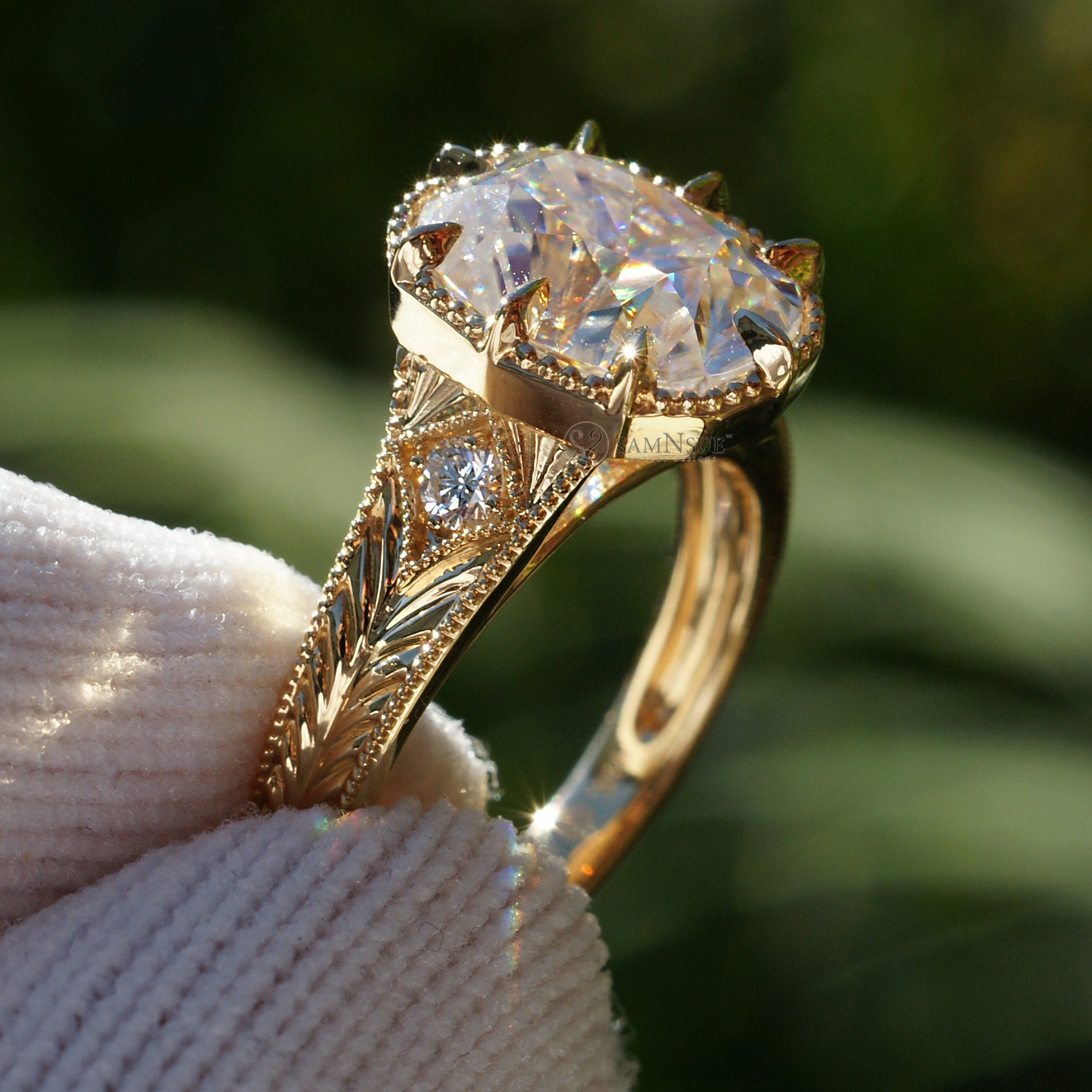 Taylor Swift inspired moissanite engagement ring in yellow gold with vintage accent