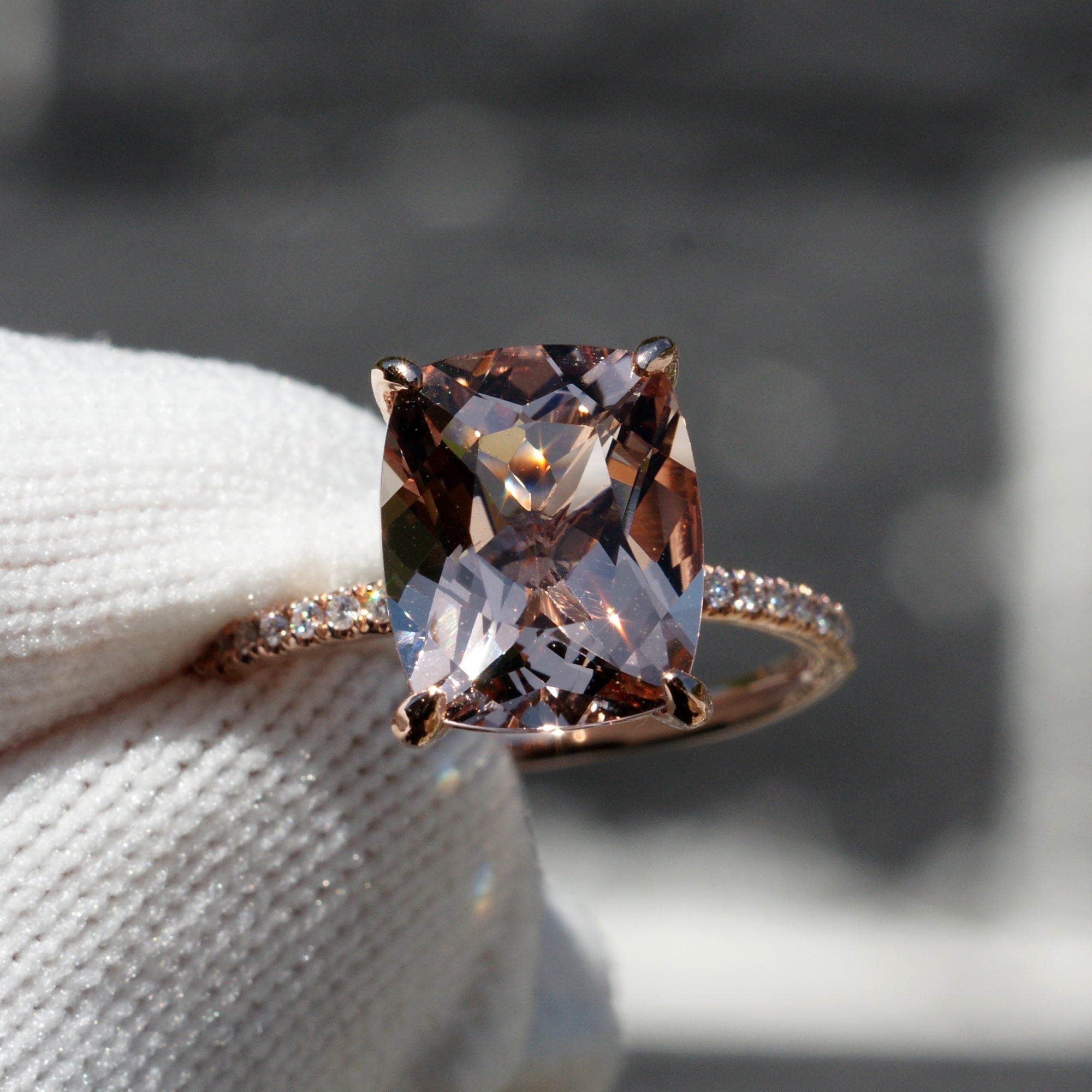 The Ava Cushion Morganite Ring 11x9mm 14k Rose Gold 1.5mm band