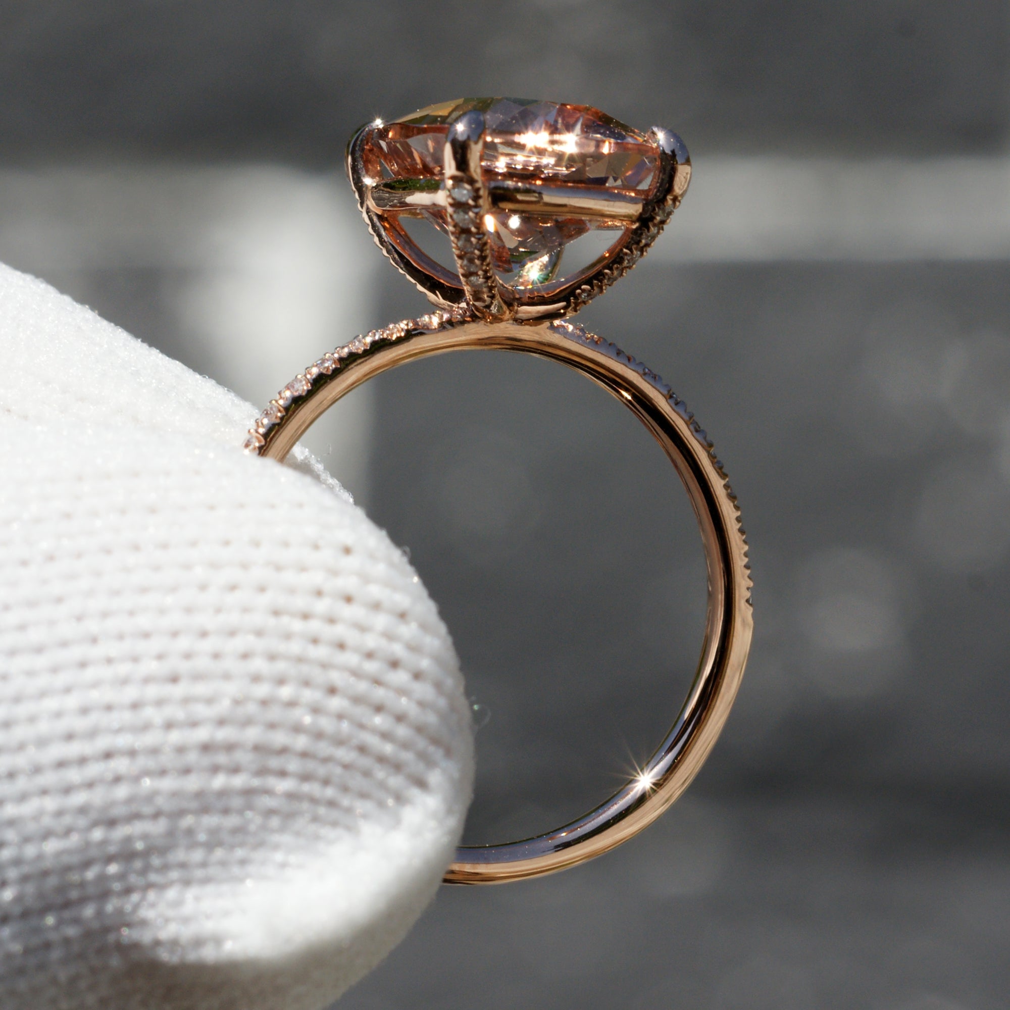 The Ava Cushion Morganite Ring 11x9mm 14k Rose Gold (1.5mm band)