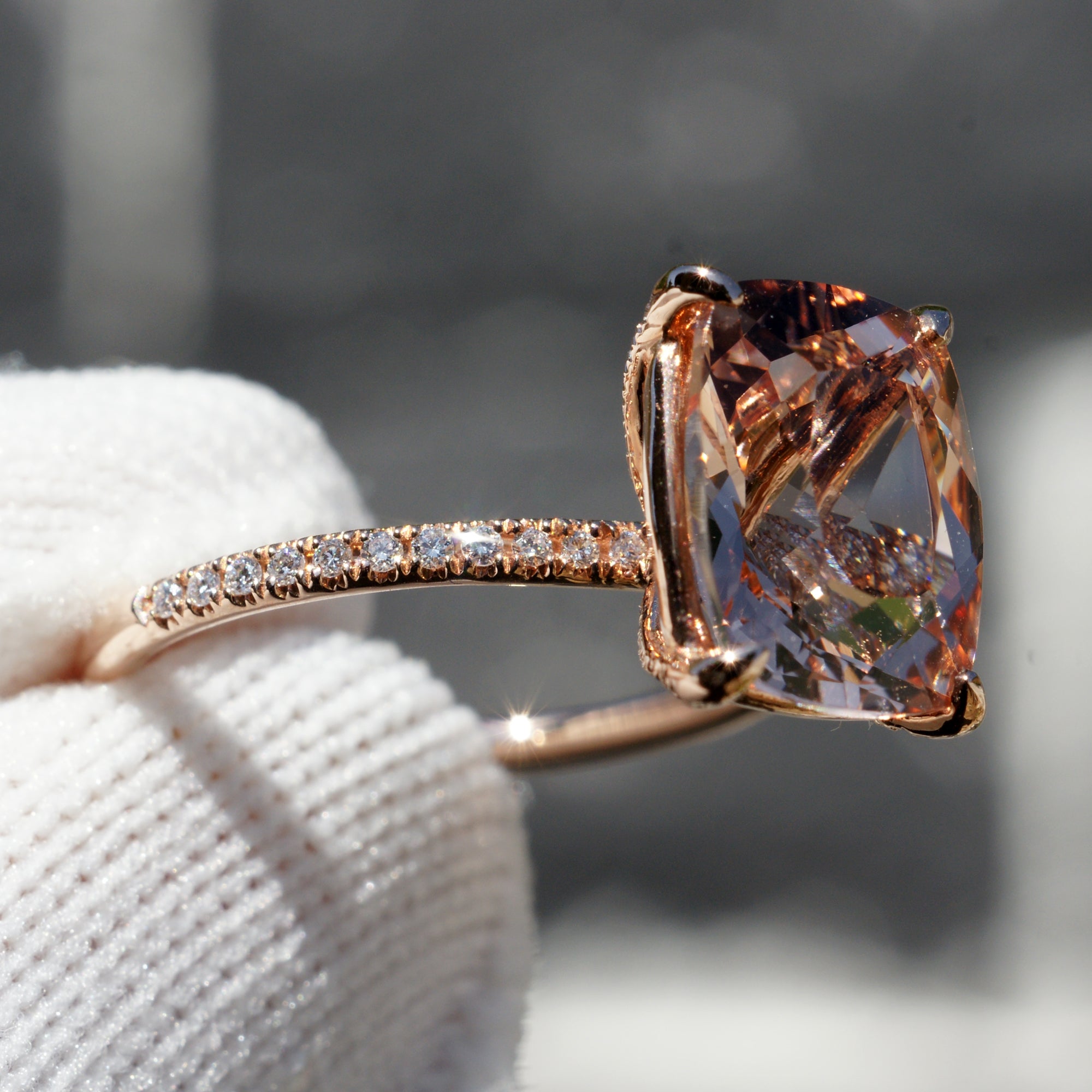 The Ava Cushion Morganite Ring 11x9mm 14k Rose Gold (1.5mm band)