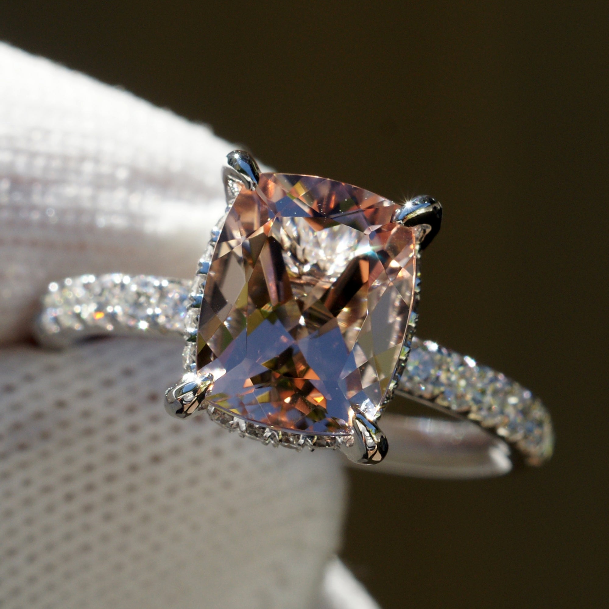 The Drenched Solitaire Cushion Morganite Ring 11x9 Platinum (Thick Band)